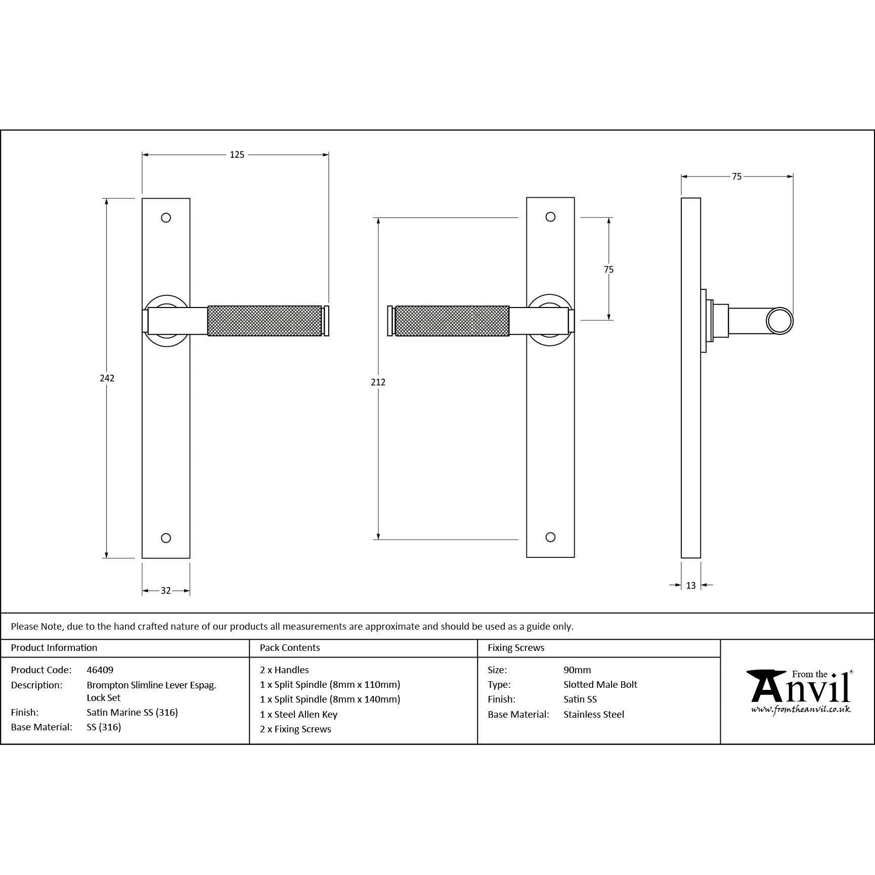 Satin Marine SS (316) Brompton Slimline Lever Espag. Latch Set | From The Anvil - Espagnolette - From The Anvil - Yester Home
