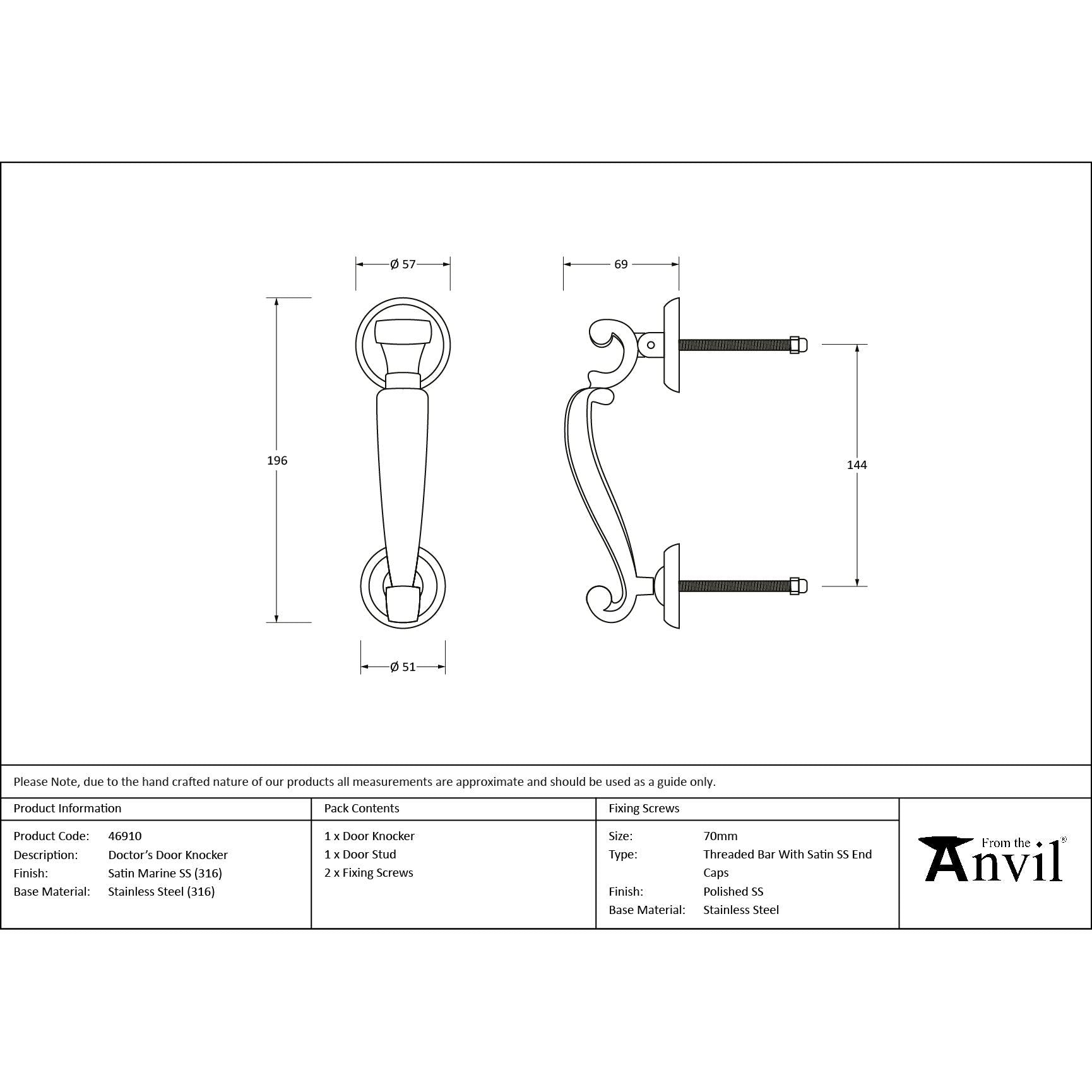 Satin Marine SS (316) Doctor's Door Knocker - Bolt-Through Door Knockers - From The Anvil - Yester Home