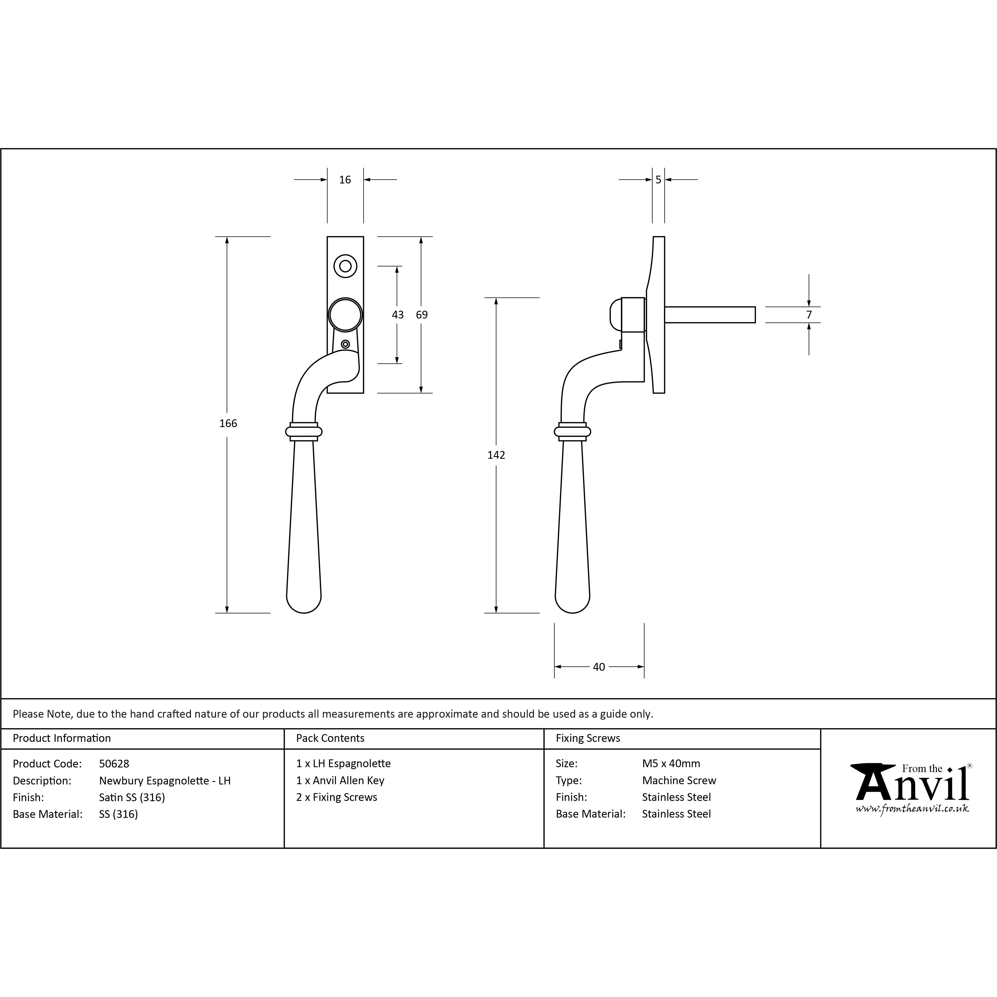 Satin Marine SS (316) Newbury Espag - LH | From The Anvil-Espag. Fasteners-Yester Home