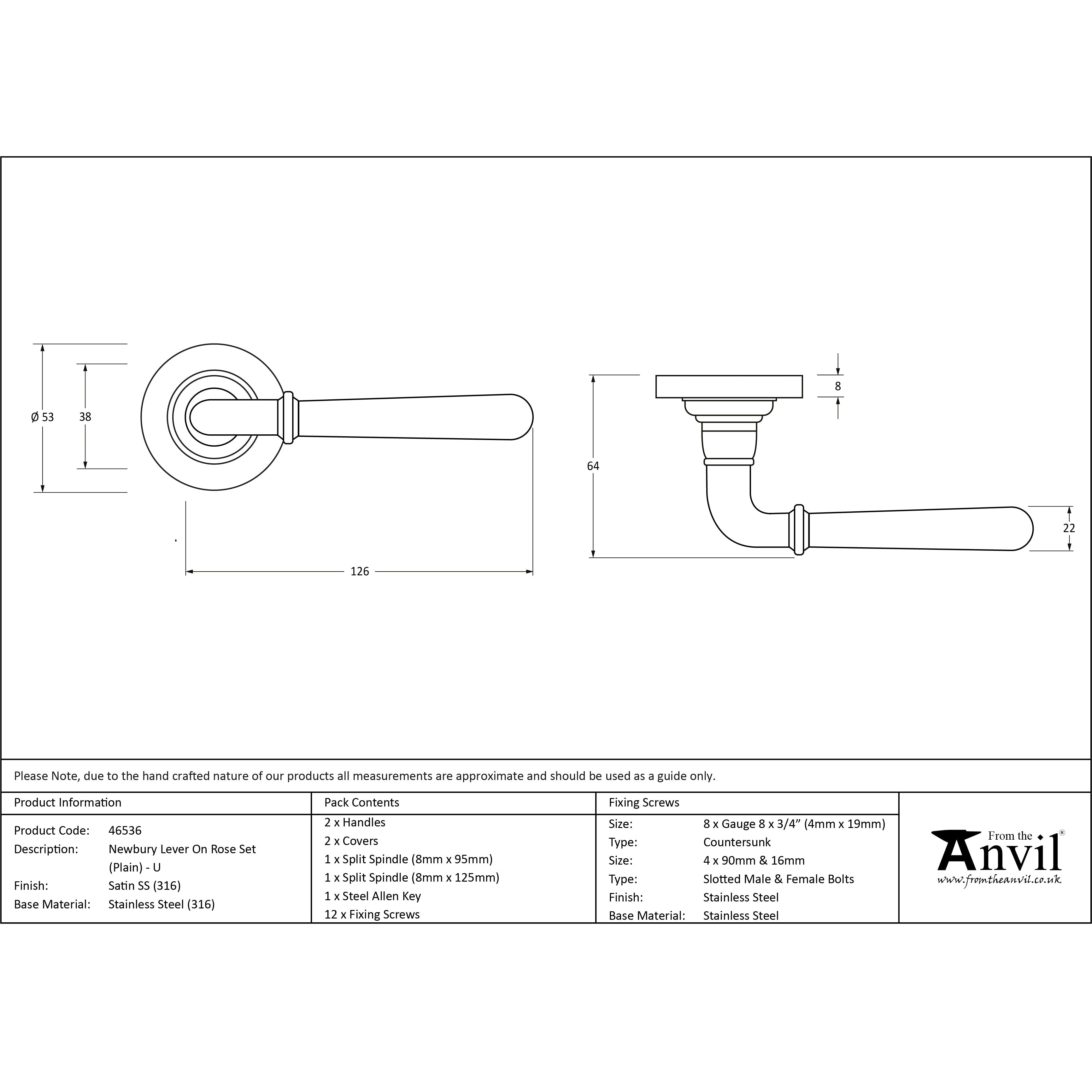 Satin Marine SS (316) Newbury Lever on Rose Set (Plain) - Unsprung | From The Anvil-Concealed-Yester Home