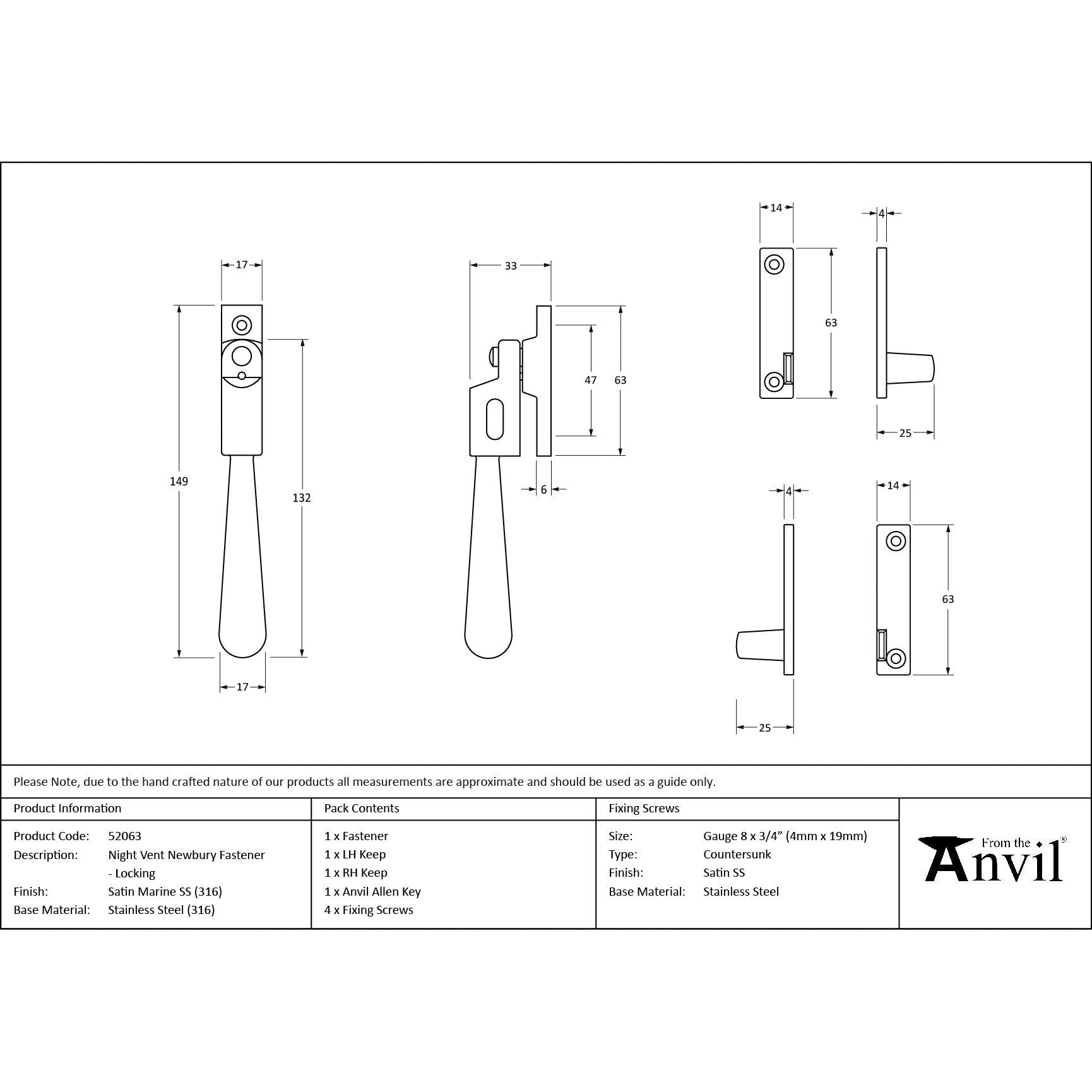Satin Marine SS (316) Night-Vent Locking Newbury Fastener - Night-Vent Fasteners - From The Anvil - Yester Home
