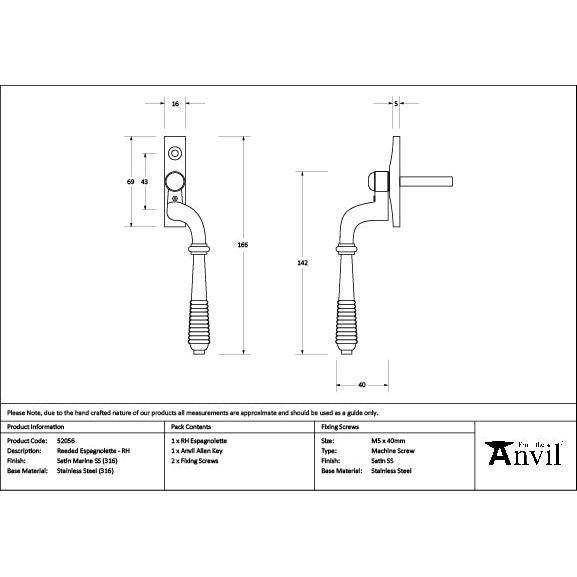 Satin Marine SS (316) Reeded Espag - RH - Espag. Fasteners - From The Anvil - Yester Home