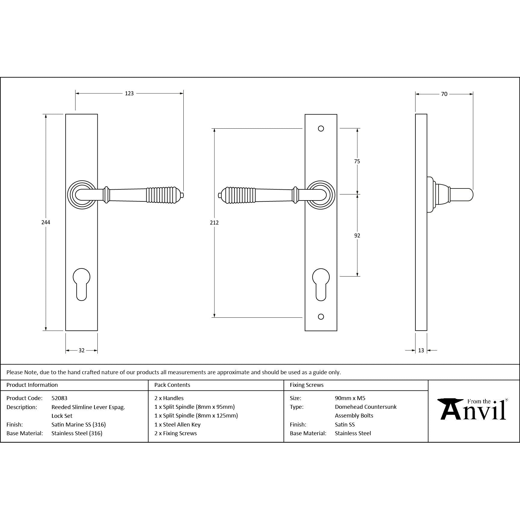 Satin Marine SS (316) Reeded Slimline Lever Espag. Lock Set - Espagnolette - From The Anvil - Yester Home