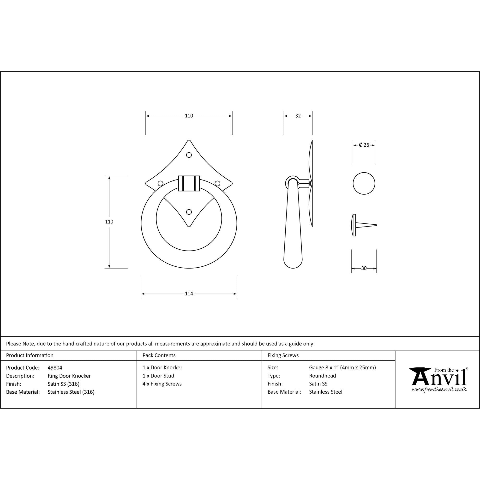 Satin Marine SS (316) Ring Door Knocker | From The Anvil - Surface Fixed Door Knockers - From The Anvil - Yester Home