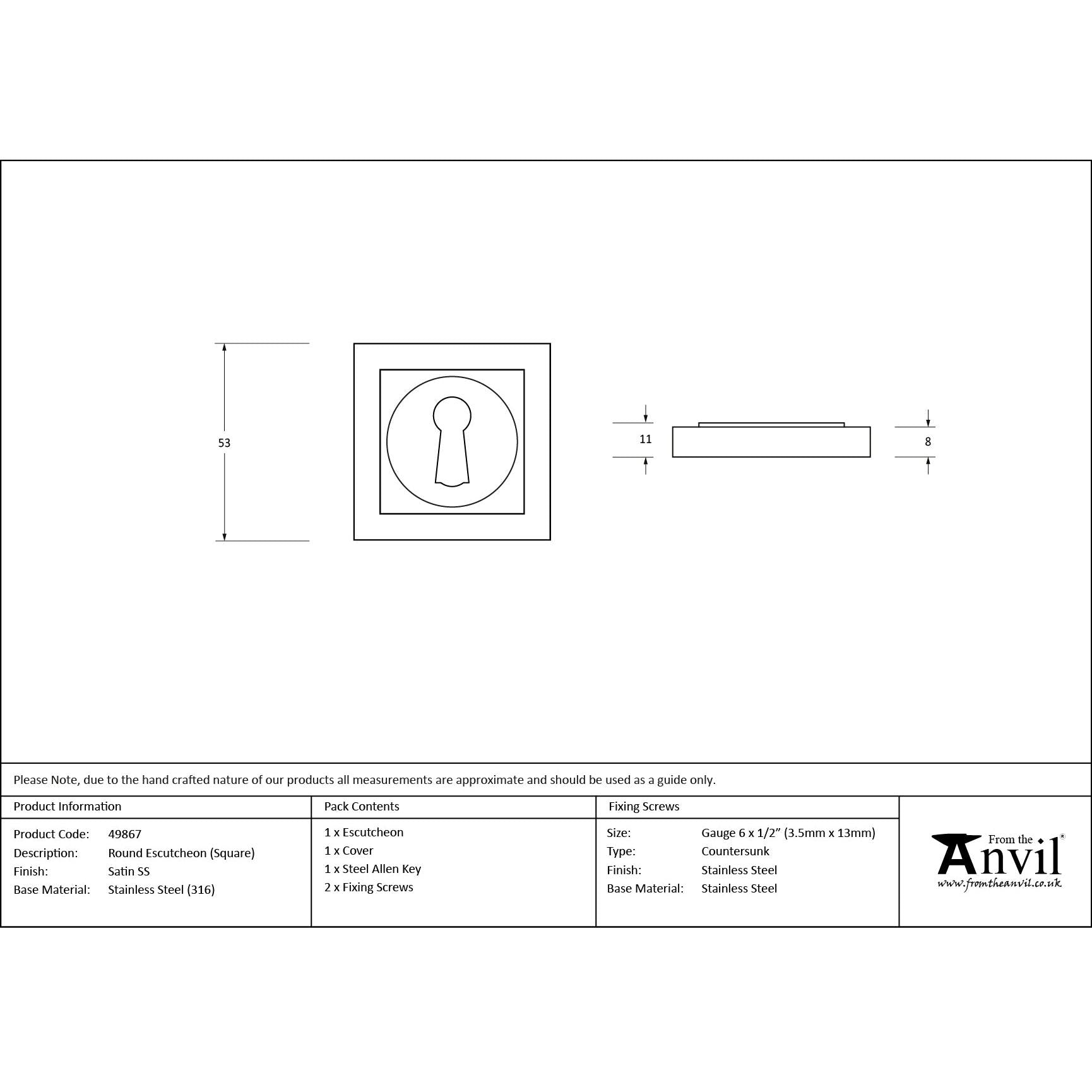 Satin Marine SS (316) Round Escutcheon (Square) | From The Anvil - Escutcheons - From The Anvil - Yester Home