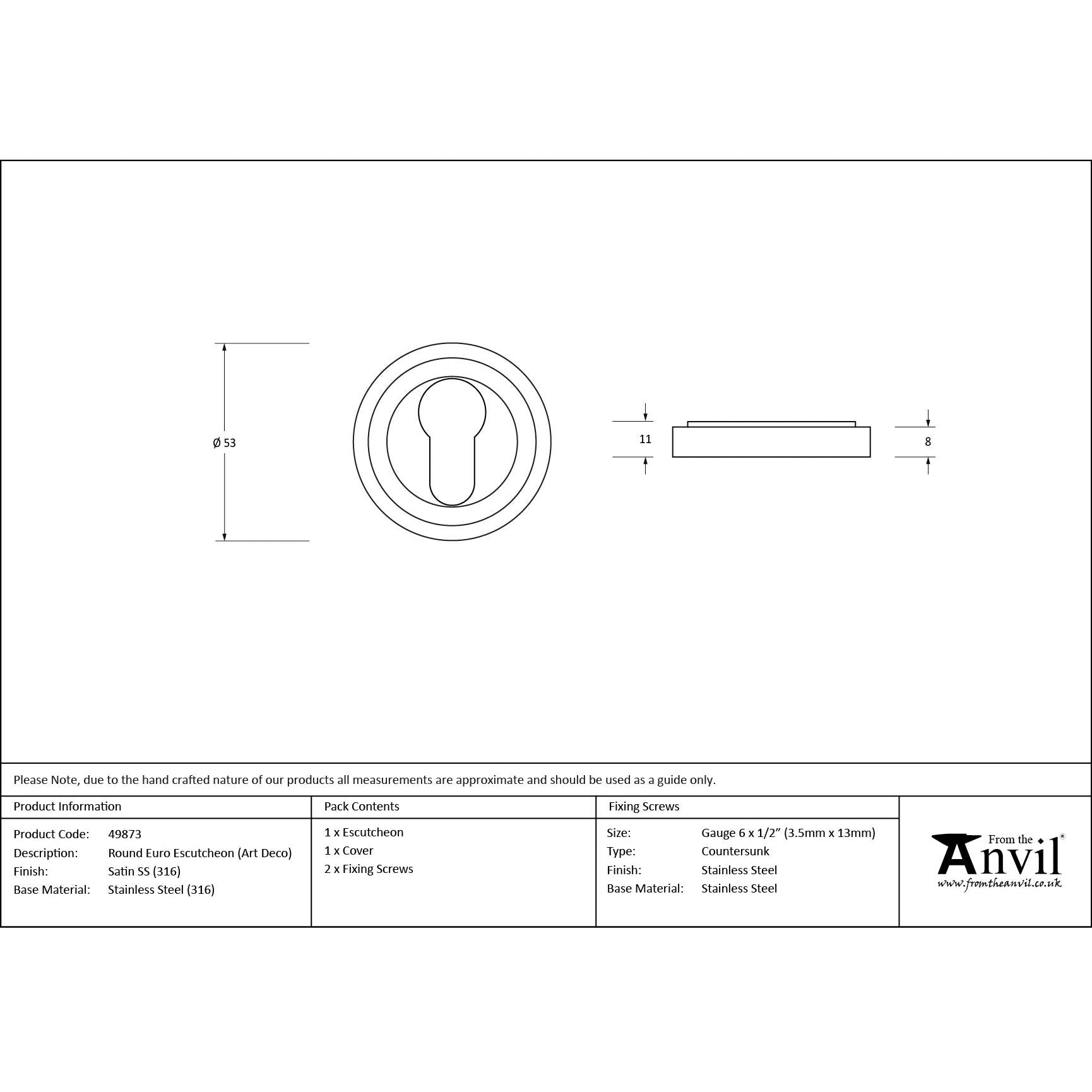 Satin Marine SS (316) Round Euro Escutcheon (Art Deco) | From The Anvil - Euro Escutcheons - From The Anvil - Yester Home