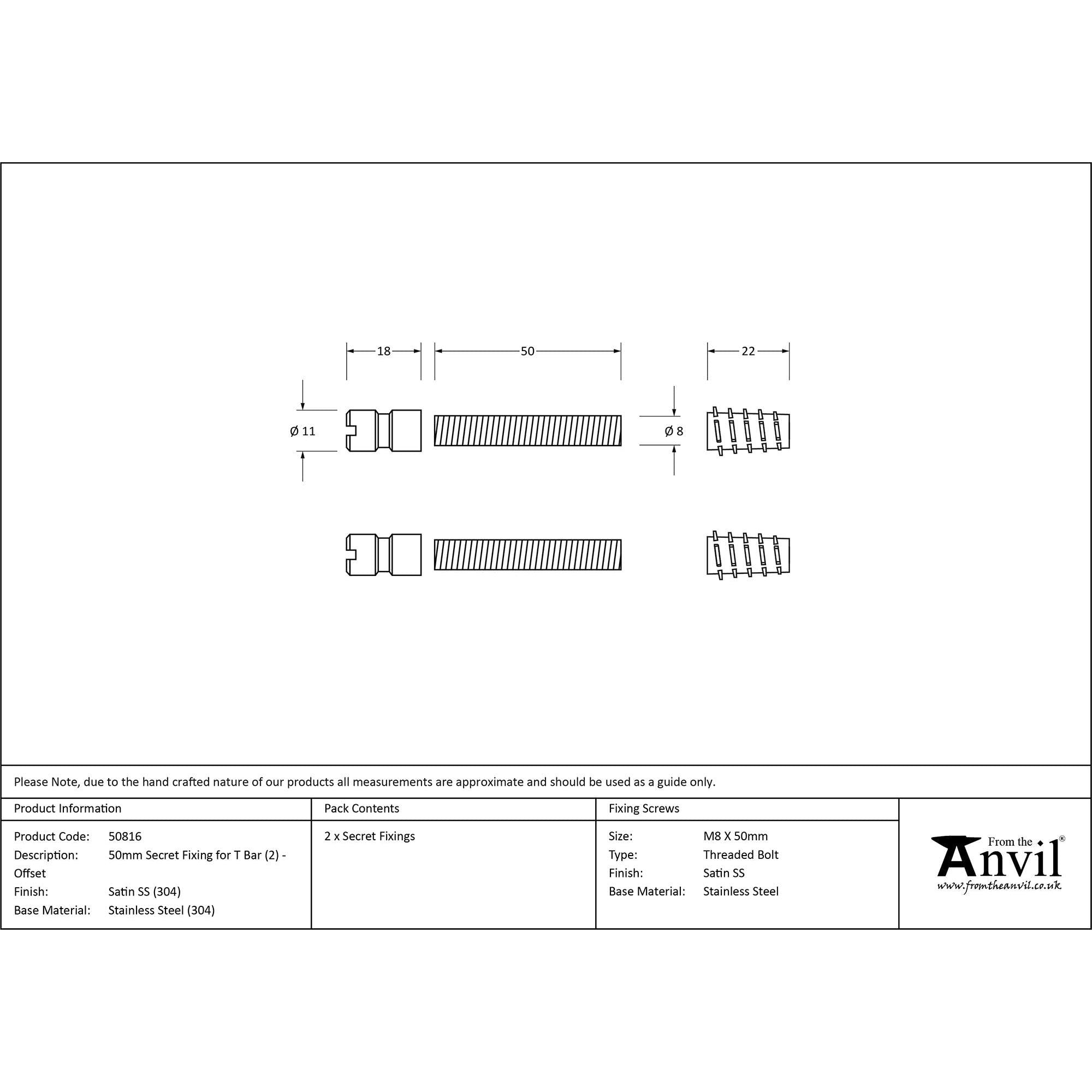 Satin SS (304) 50mm Secret Fixings for T Bar (2) - Offset | From The Anvil - Door Pull Handles - From The Anvil - Yester Home