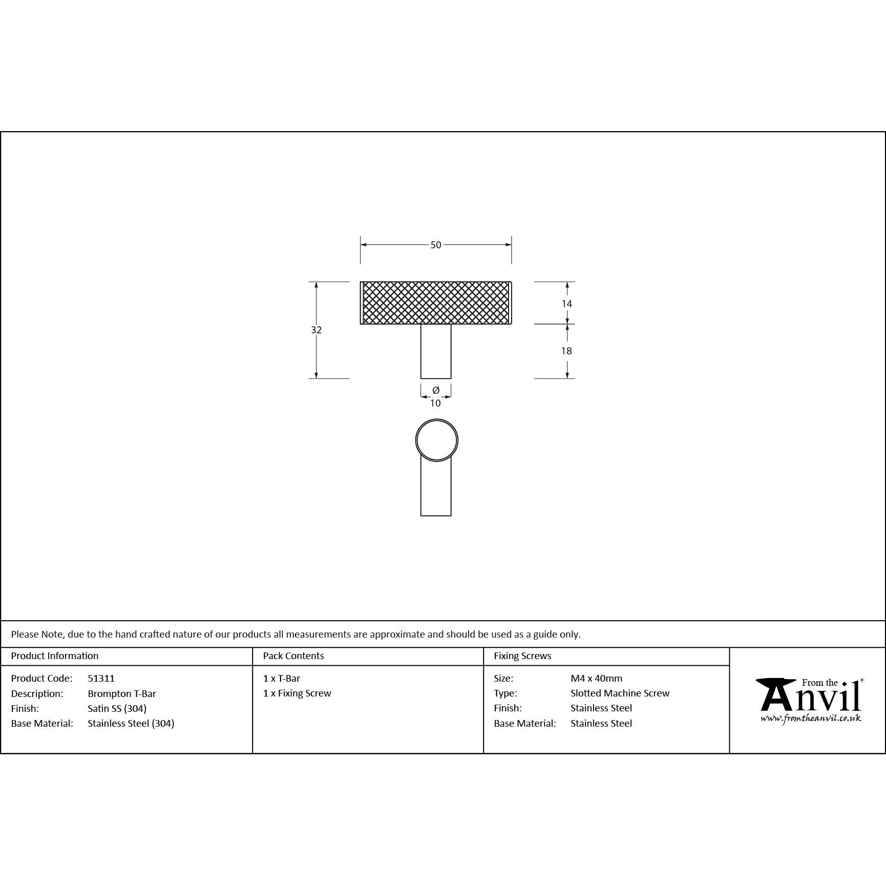 Satin SS (304) Brompton T-Bar | From The Anvil - T-Bars - From The Anvil - Yester Home