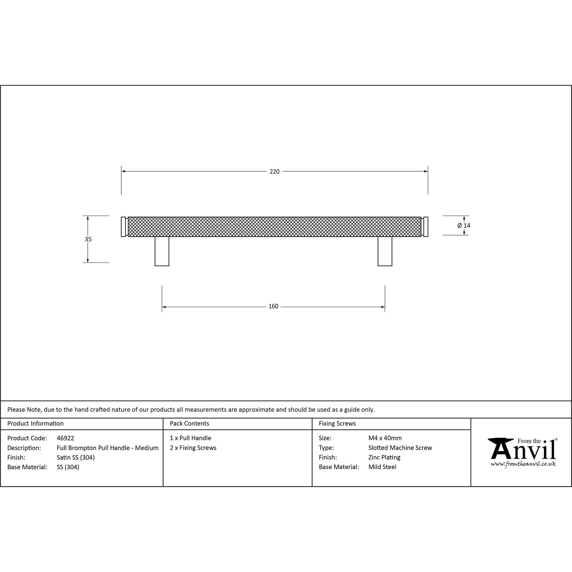 Satin SS (304) Full Brompton Pull Handle - Medium | From The Anvil - Pull Handles - From The Anvil - Yester Home