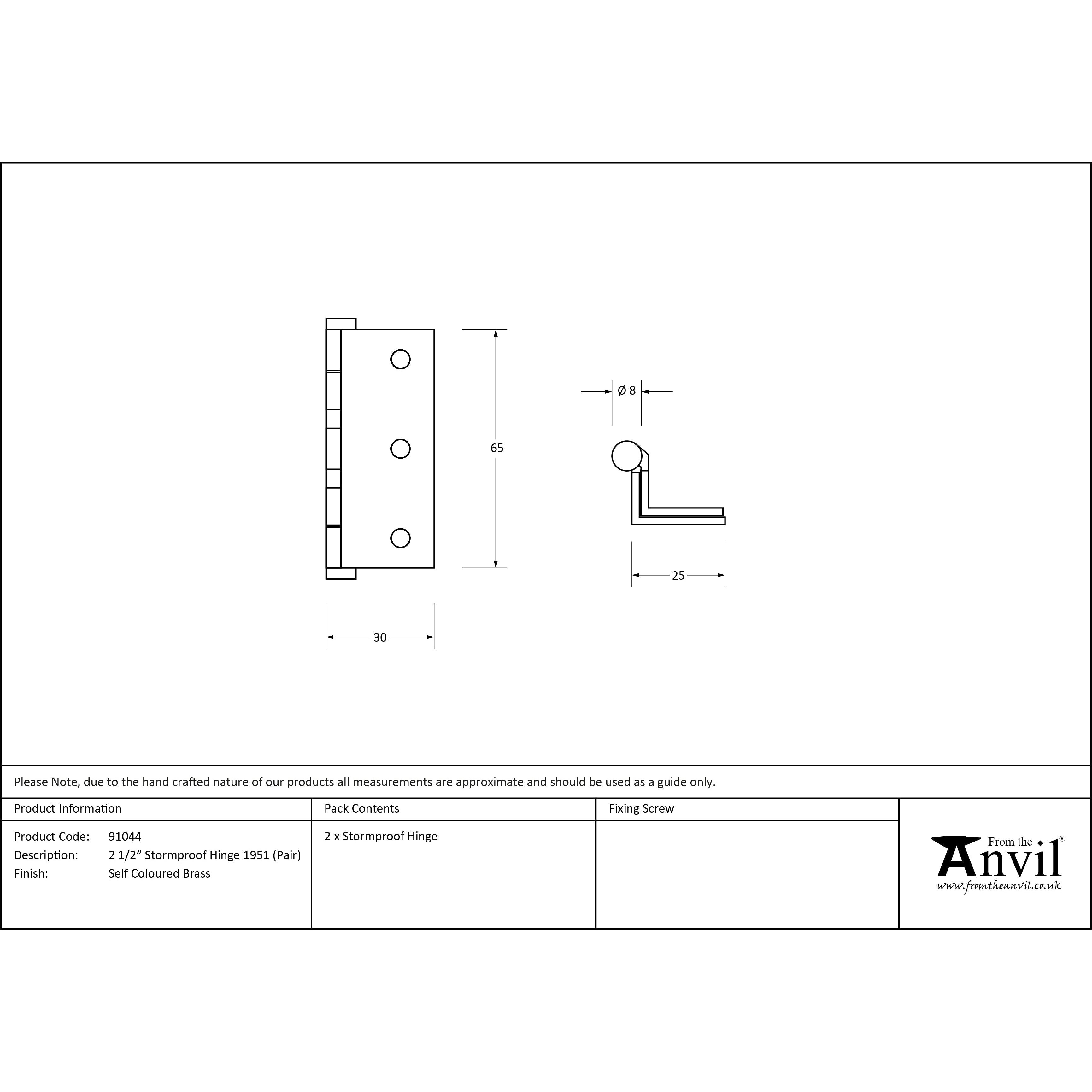Self Coloured Brass 2½" (pair) Stormproof Hinge 1951 | From The Anvil-Stormproof Hinges-Yester Home