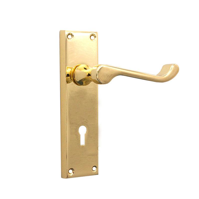 Victorian Scroll Lock Lever Handle 150mm Polished Brass-Levers on Backplate-Yester Home