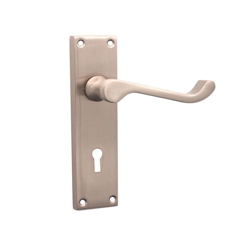 Victorian Scroll Lock Lever Handle 150mm Satin Nickel-Levers on Backplate-Yester Home