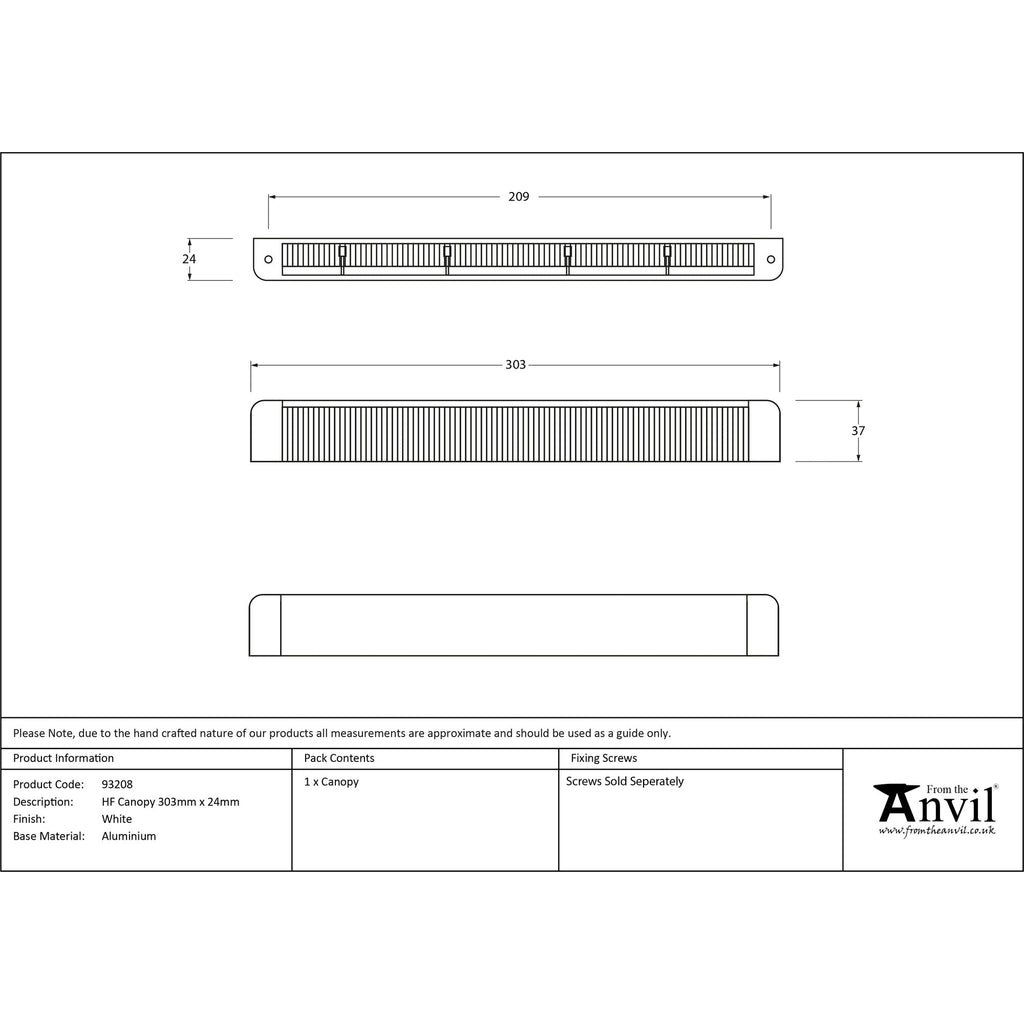 White HF Canopy 303mm x 24mm | From The Anvil-Window Ventilation-Yester Home