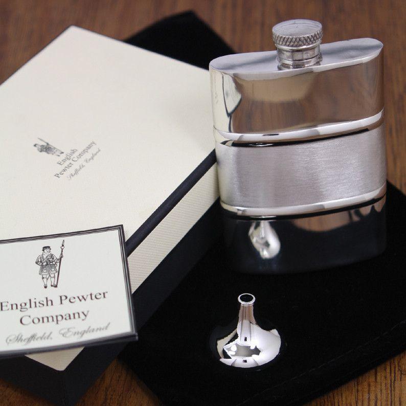 4oz Banded Pewter Hip Flask-Hip Flasks - Pewter-Yester Home