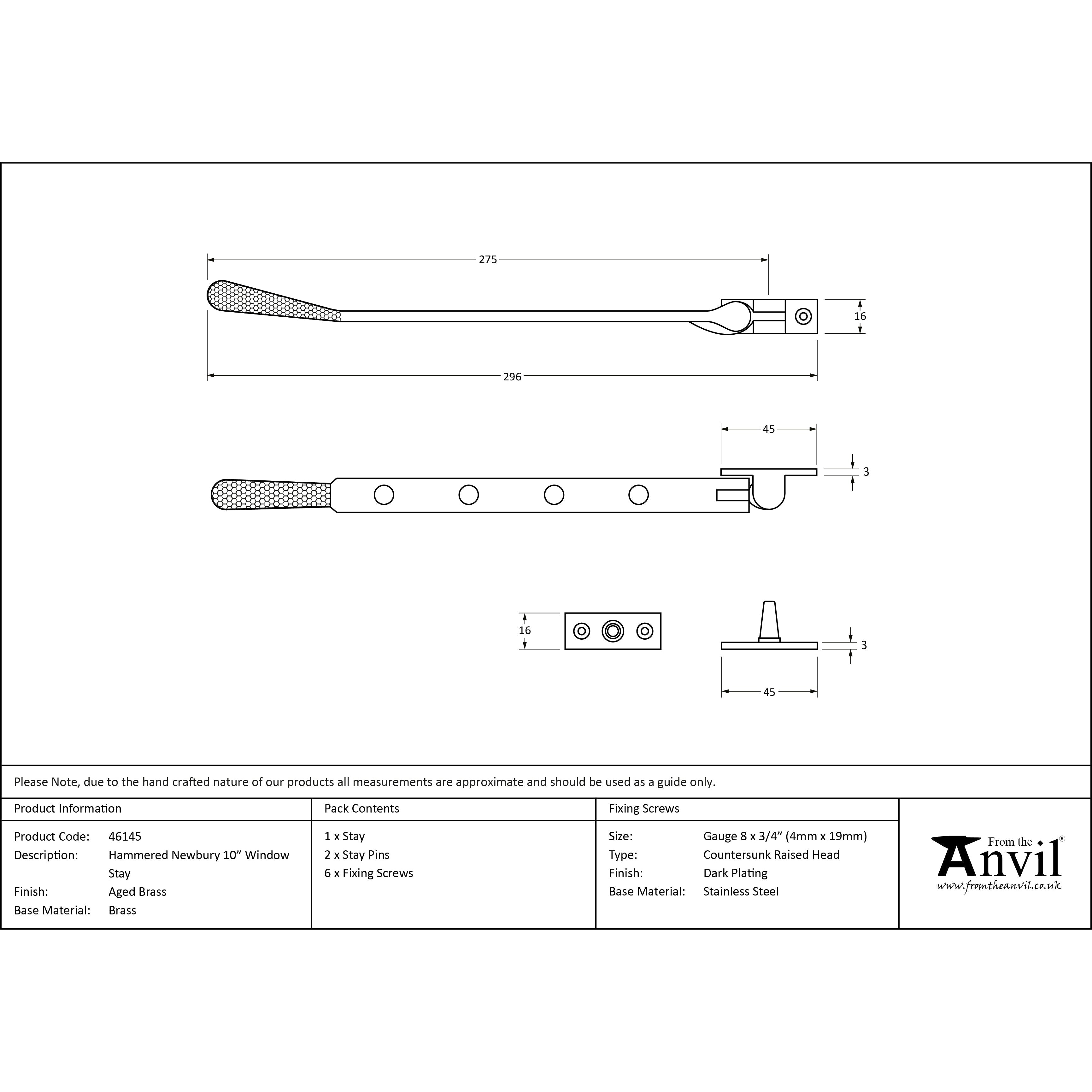 Aged Brass 10" Hammered Newbury Stay | From The Anvil-Stays-Yester Home