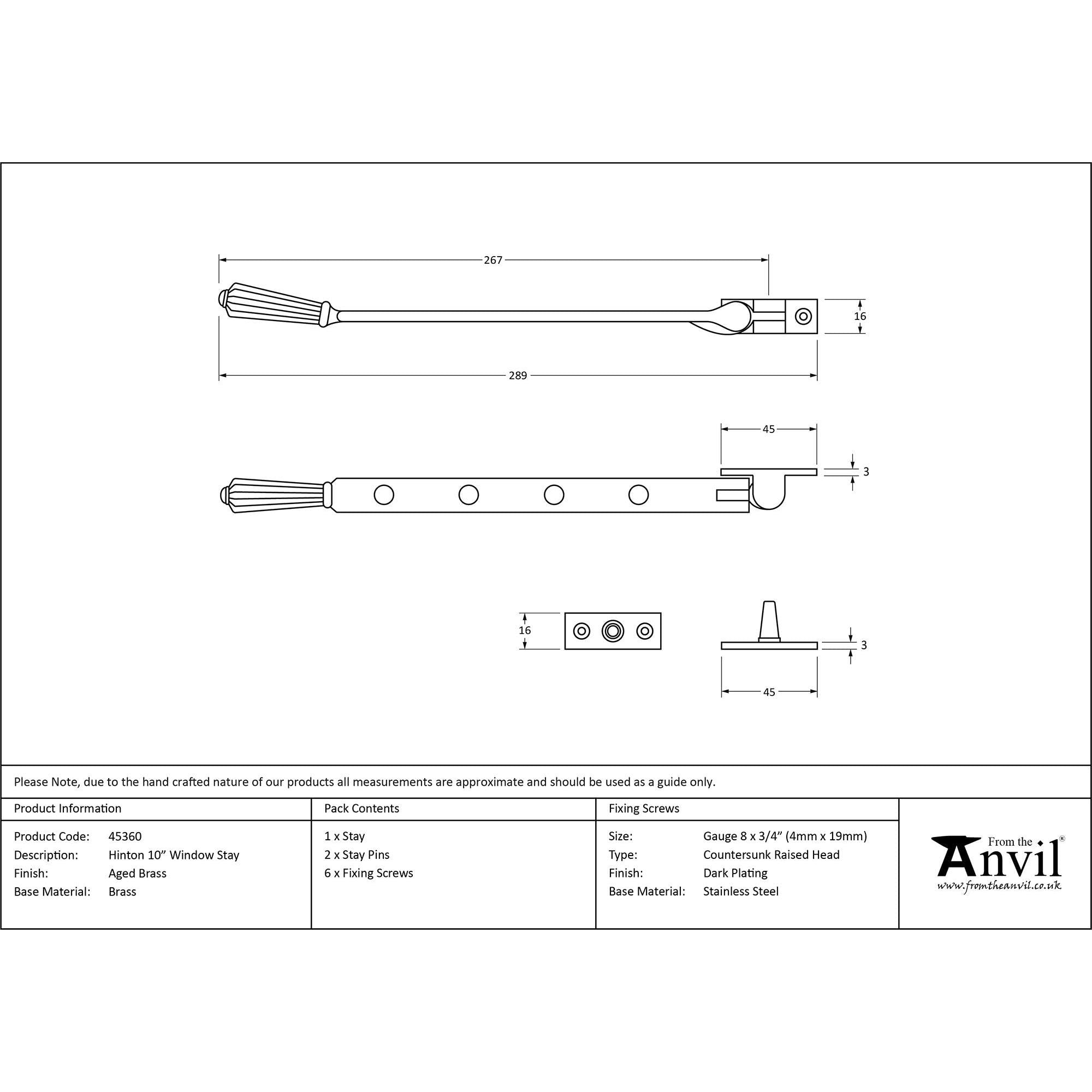 Aged Brass 10" Hinton Stay | From The Anvil - Stays - From The Anvil - Yester Home