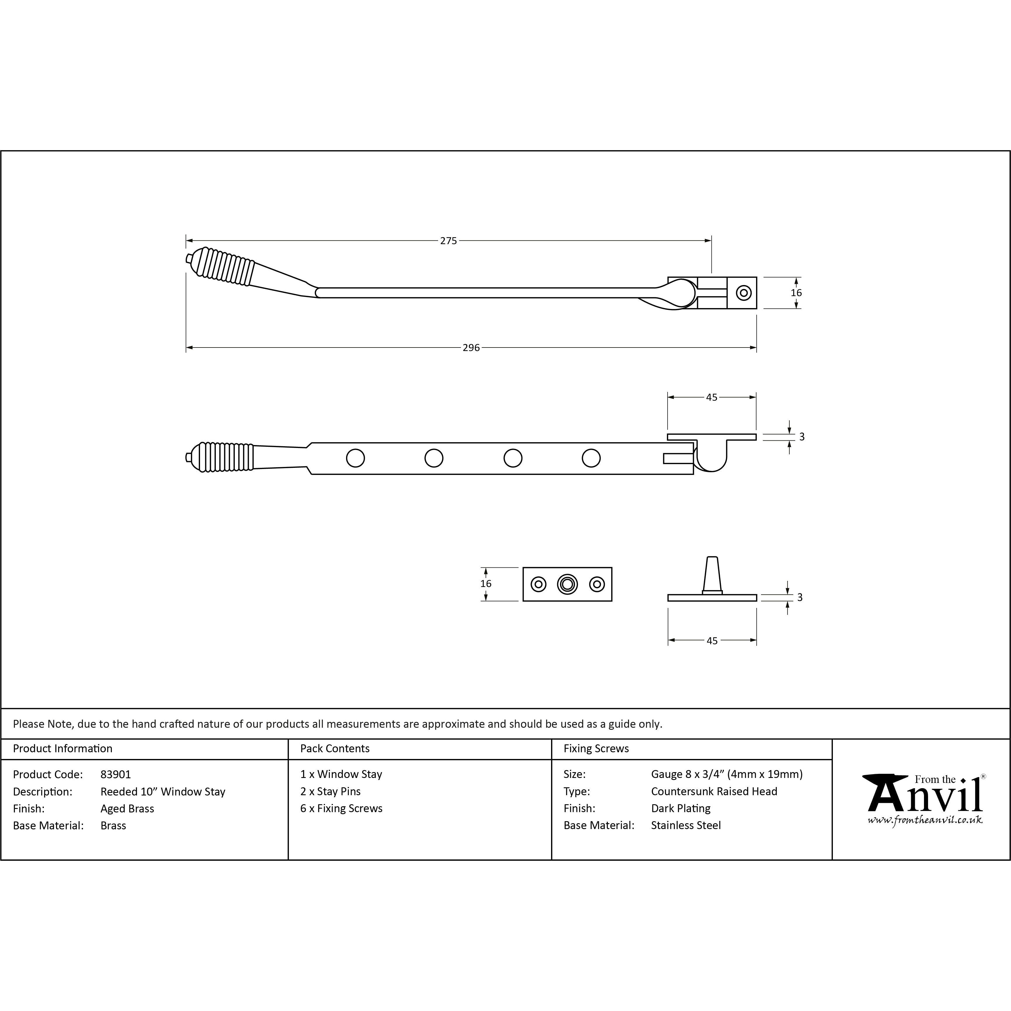 Aged Brass 10" Reeded Stay | From The Anvil-Stays-Yester Home