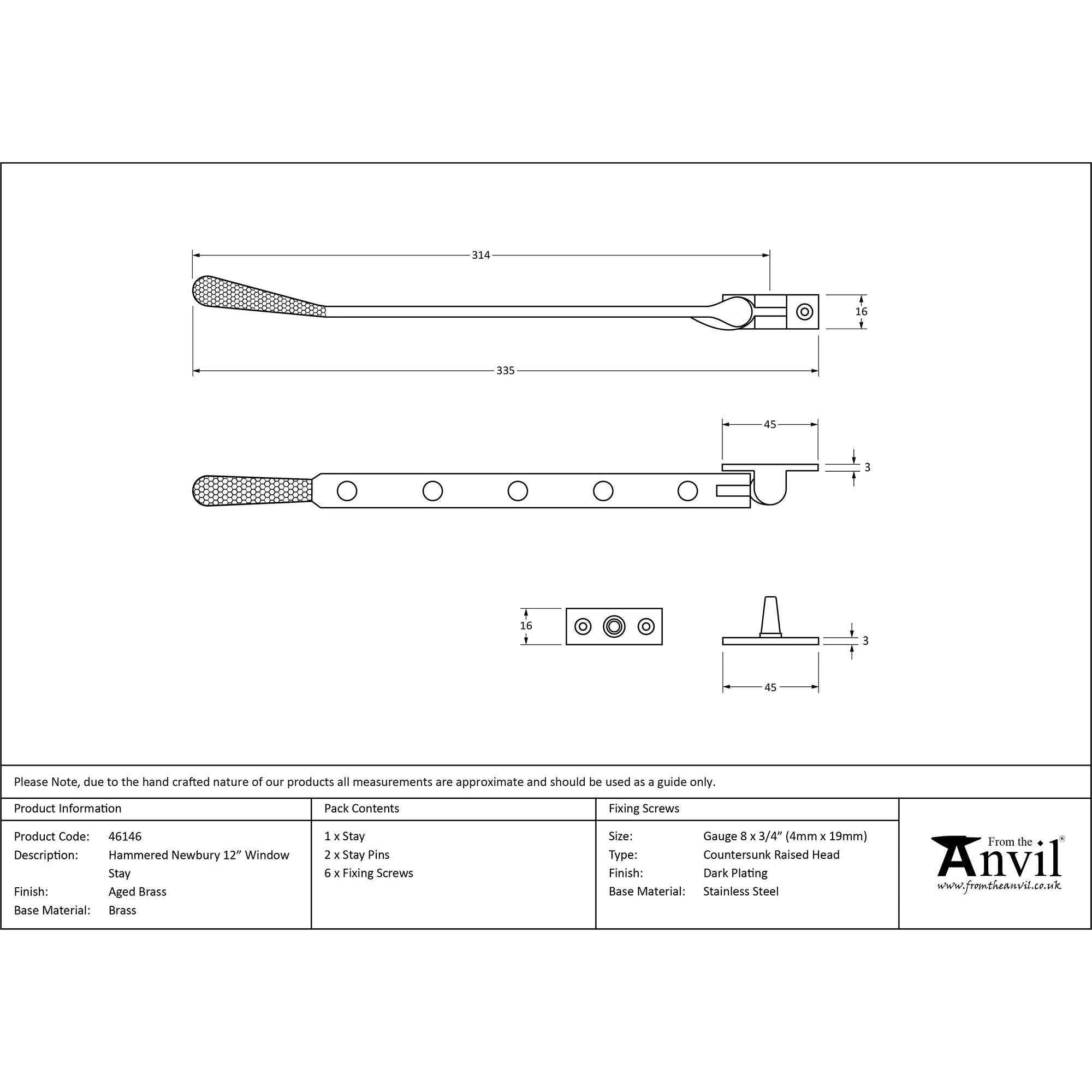 Aged Brass 12" Hammered Newbury Stay | From The Anvil - Stays - From The Anvil - Yester Home