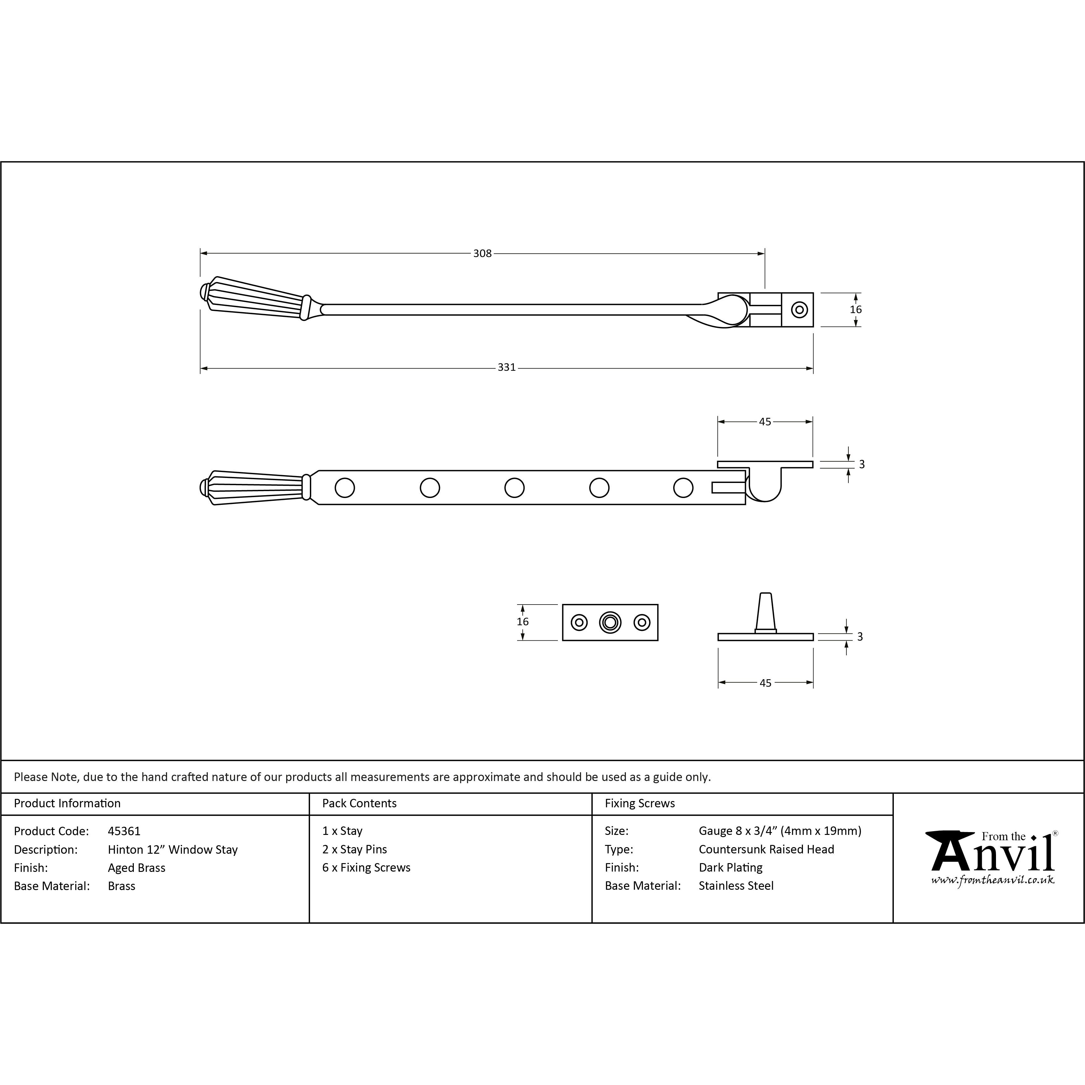 Aged Brass 12" Hinton Stay | From The Anvil-Stays-Yester Home