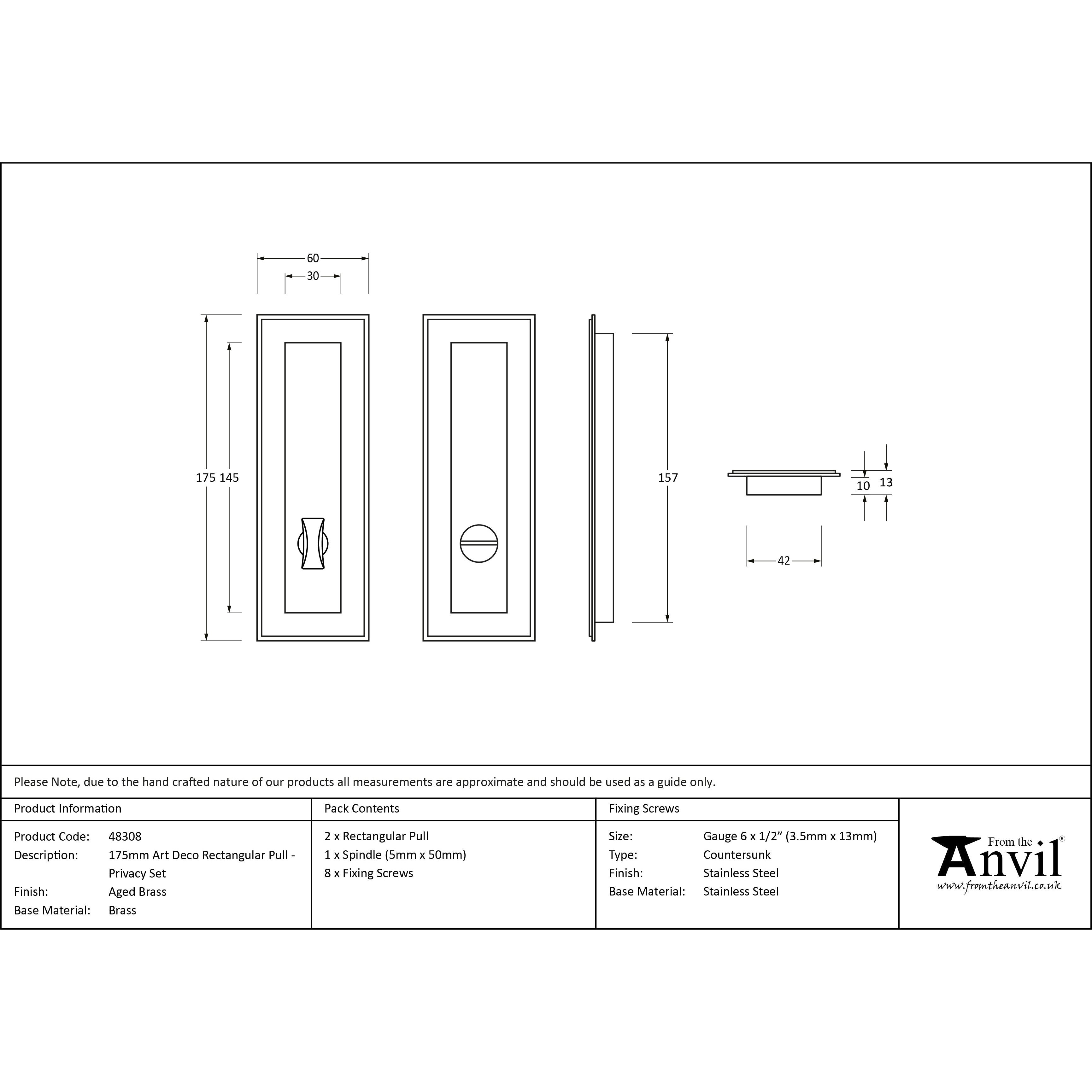 Aged Brass 175mm Art Deco Rectangular Pull - Privacy Set | From The Anvil-Cabinet Pulls-Yester Home