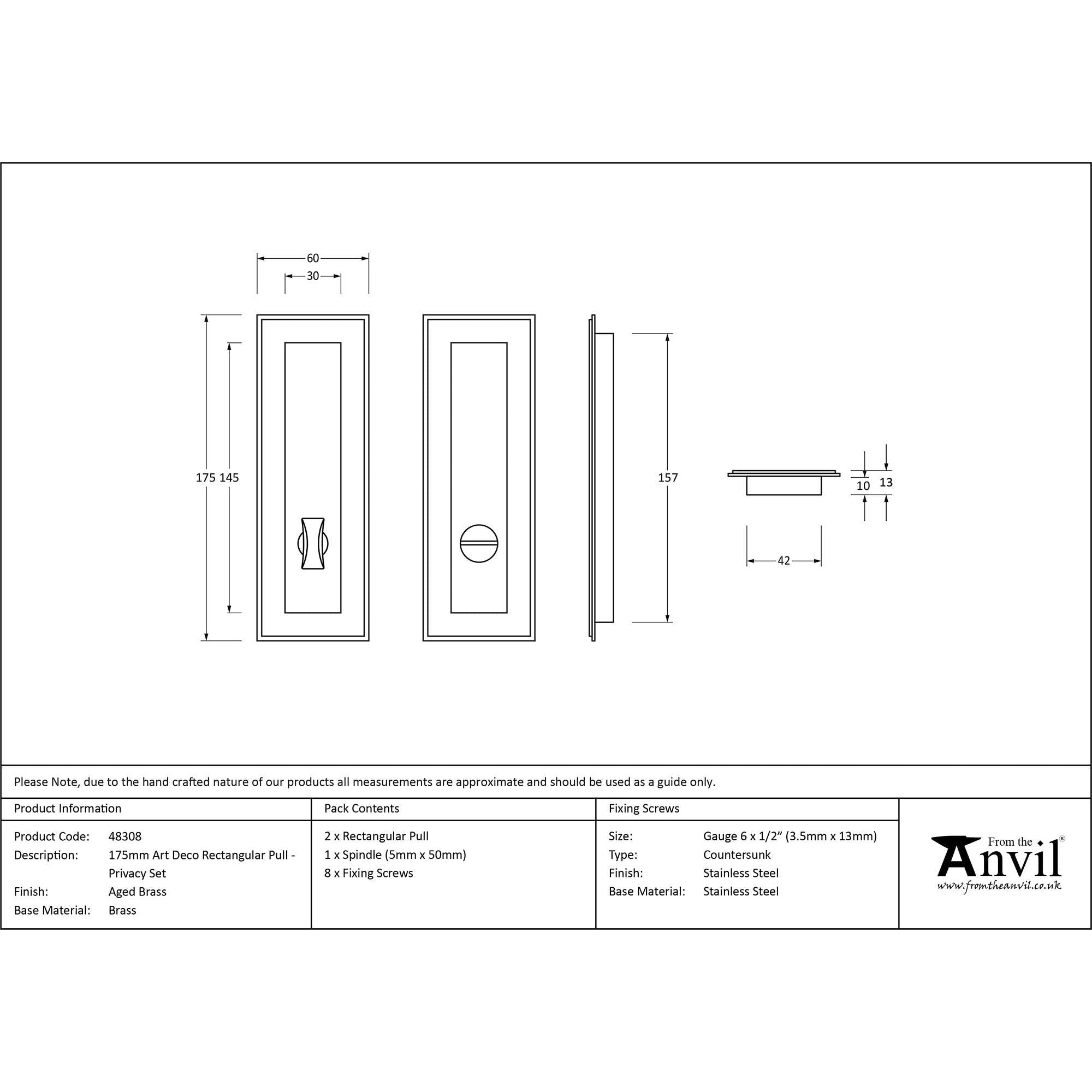 Aged Brass 175mm Art Deco Rectangular Pull - Privacy Set | From The Anvil - Cabinet Pulls - From The Anvil - Yester Home