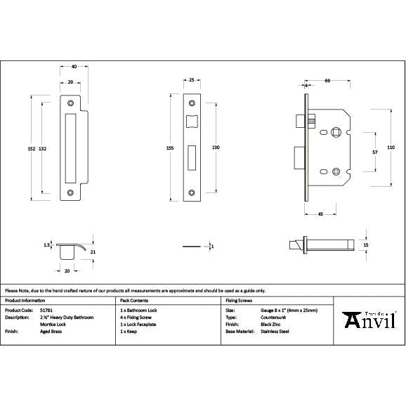 Aged Brass 2½" Heavy Duty Bathroom Mortice Lock - Bathroom Locks - From The Anvil - Yester Home
