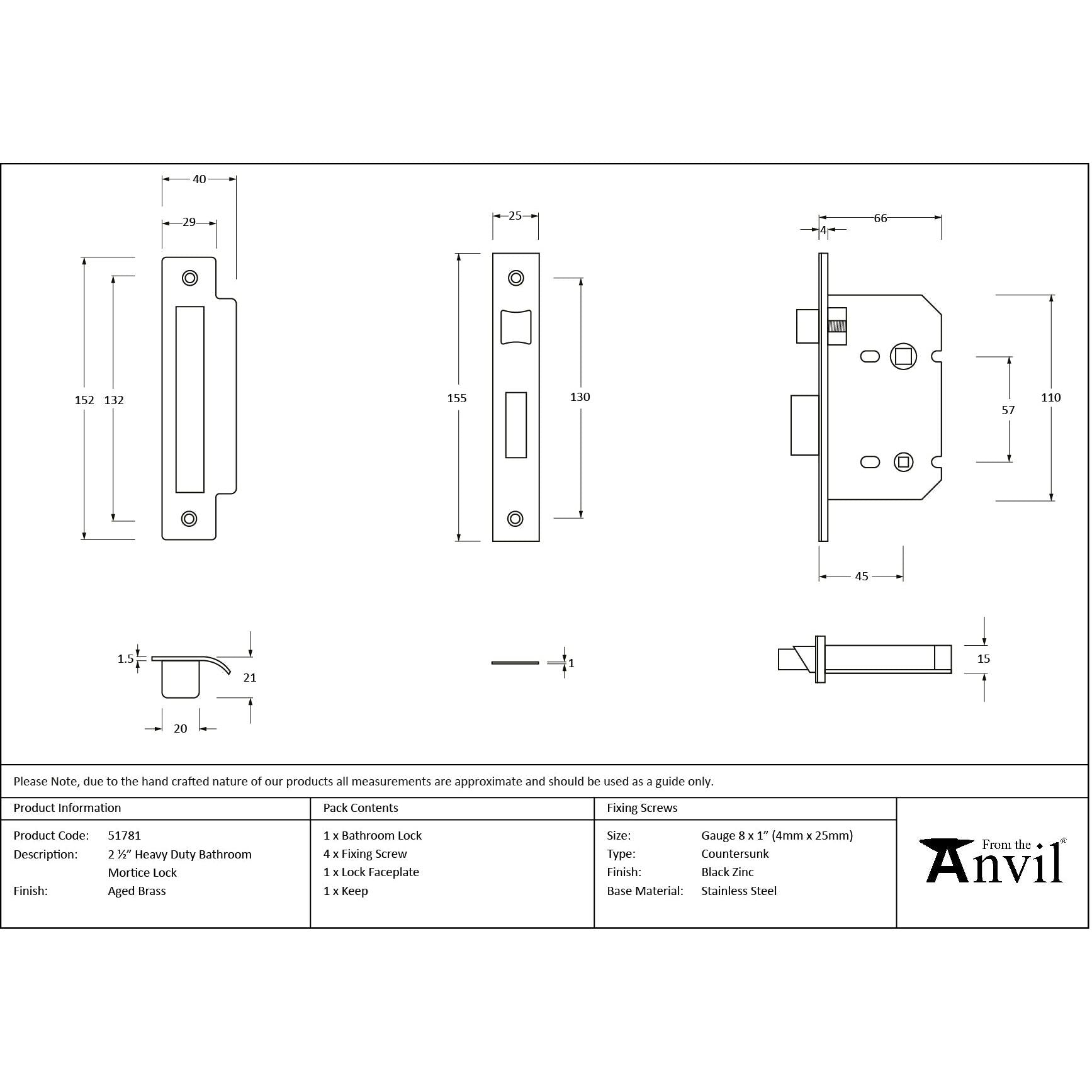 Aged Brass 2½" Heavy Duty Bathroom Mortice Lock - Bathroom Locks - From The Anvil - Yester Home