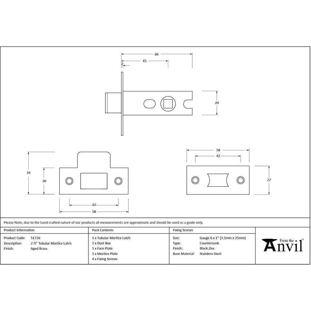 Aged Brass 2½" Tubular Mortice Latch - Latches - From The Anvil - Yester Home