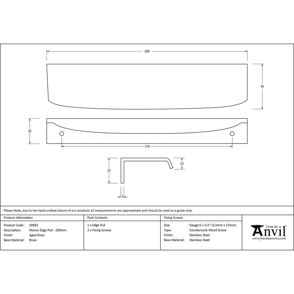 Aged Brass 200mm Moore Edge Pull | From The Anvil - Cabinet Pulls - From The Anvil - Yester Home
