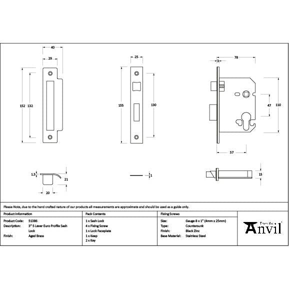 Aged Brass 3" Euro Profile Sash Lock - Euro Locks - From The Anvil - Yester Home