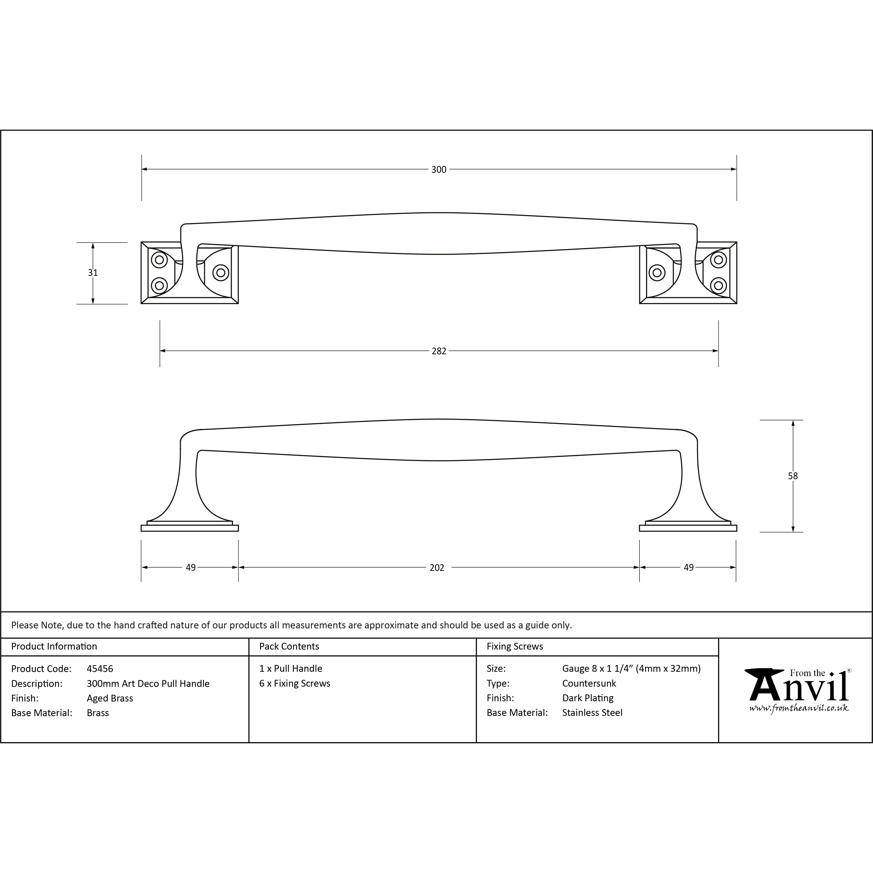 Aged Brass 300mm Art Deco Pull Handle | From The Anvil-Pull Handles-Yester Home