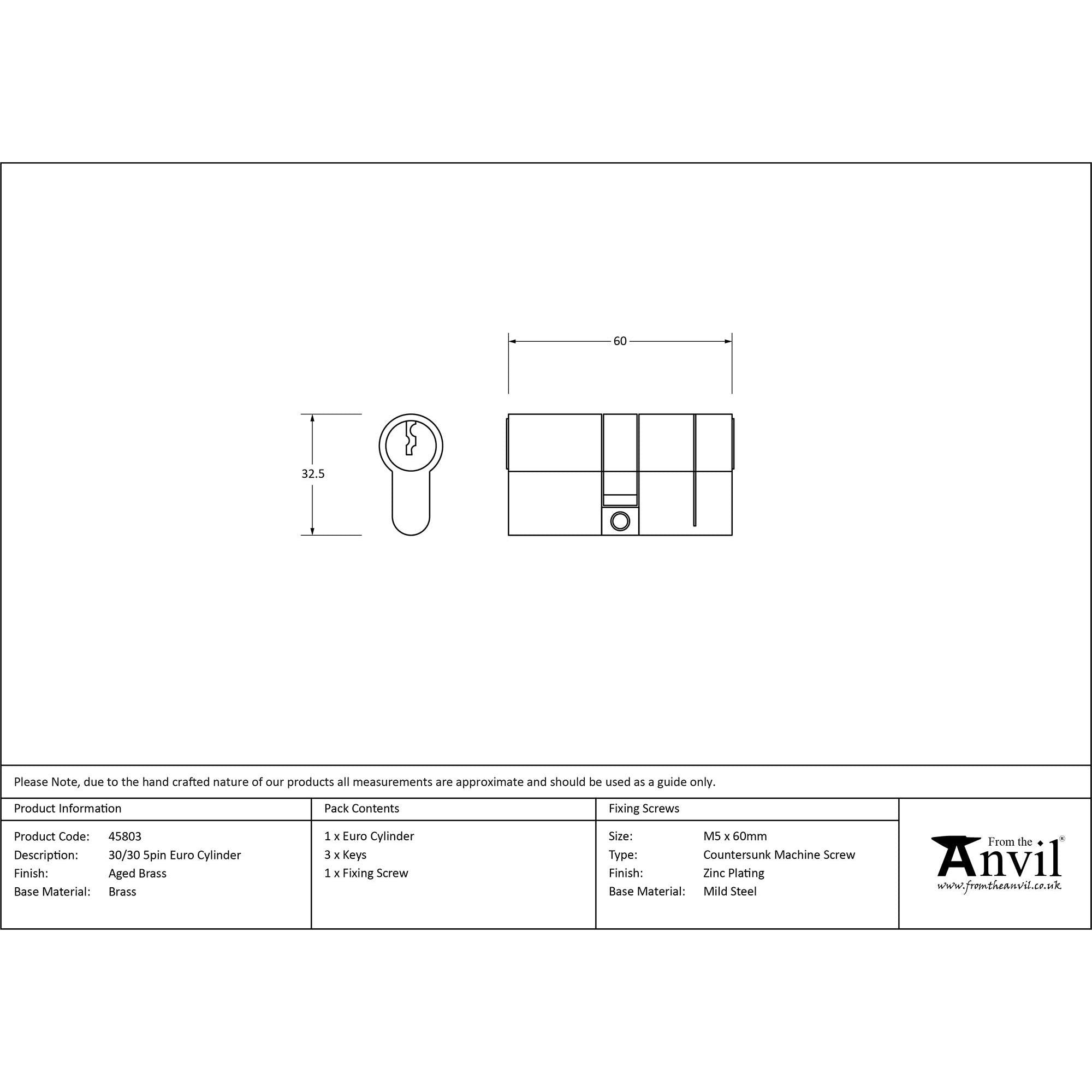 Aged Brass 30/30 5pin Euro Cylinder | From The Anvil - Euro Cylinders - From The Anvil - Yester Home