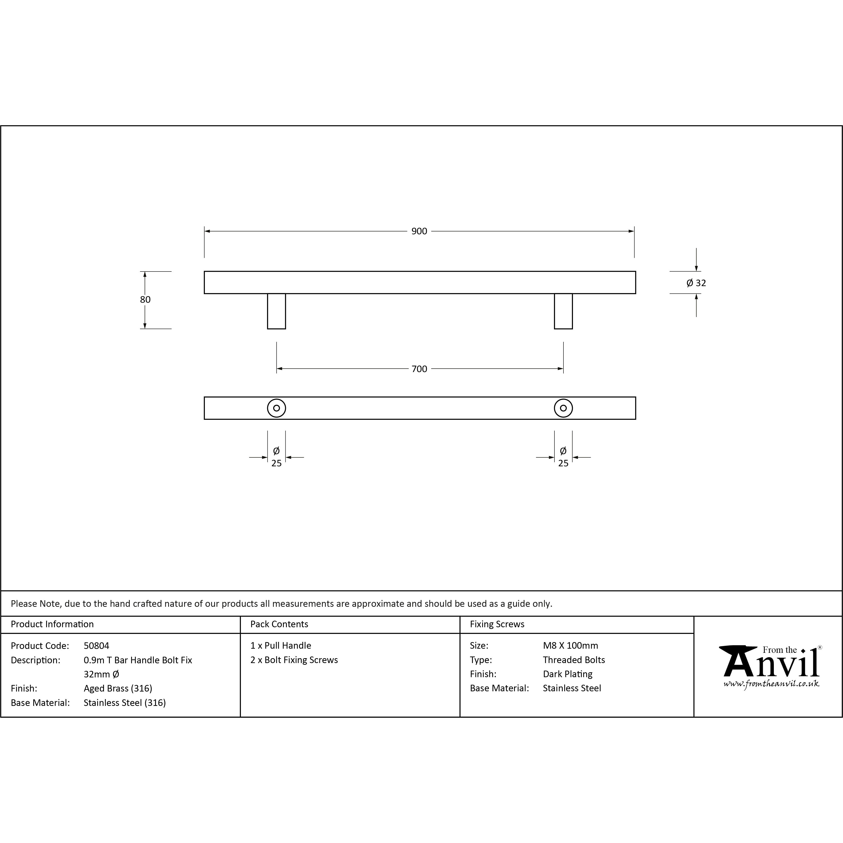 Aged Brass (316) 0.9m T Bar Handle Bolt Fix 32mm Ø | From The Anvil-Pull Handles-Yester Home