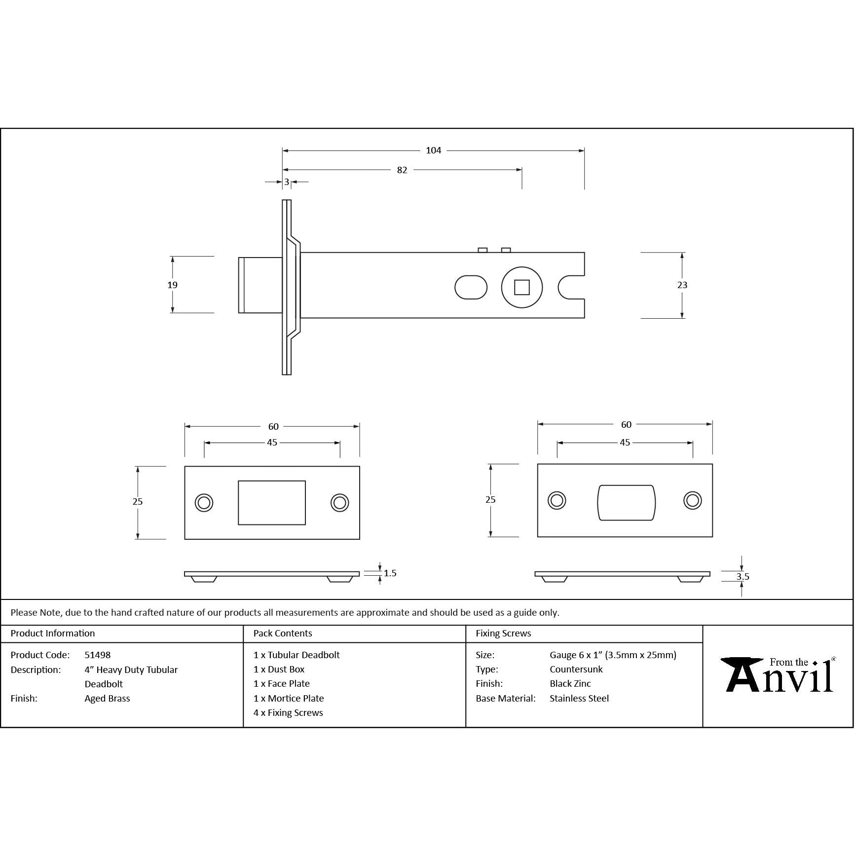 Aged Brass 4" Heavy Duty Tubular Deadbolt - Deadlocks & Deadbolts - From The Anvil - Yester Home