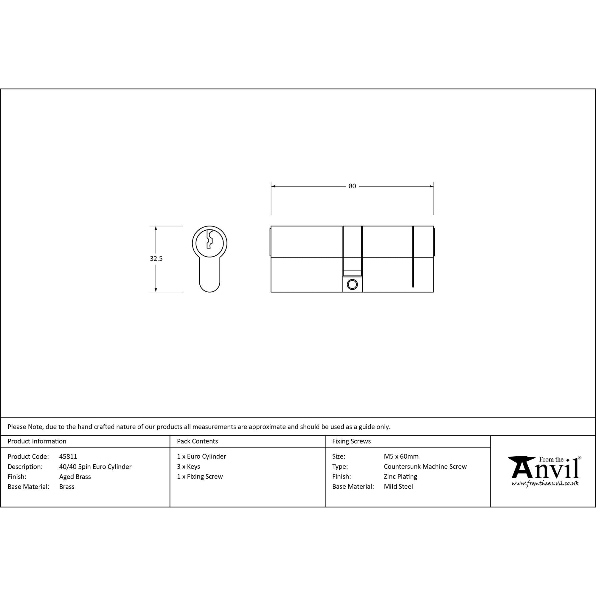 Aged Brass 40/40 5pin Euro Cylinder | From The Anvil - Euro Cylinders - From The Anvil - Yester Home