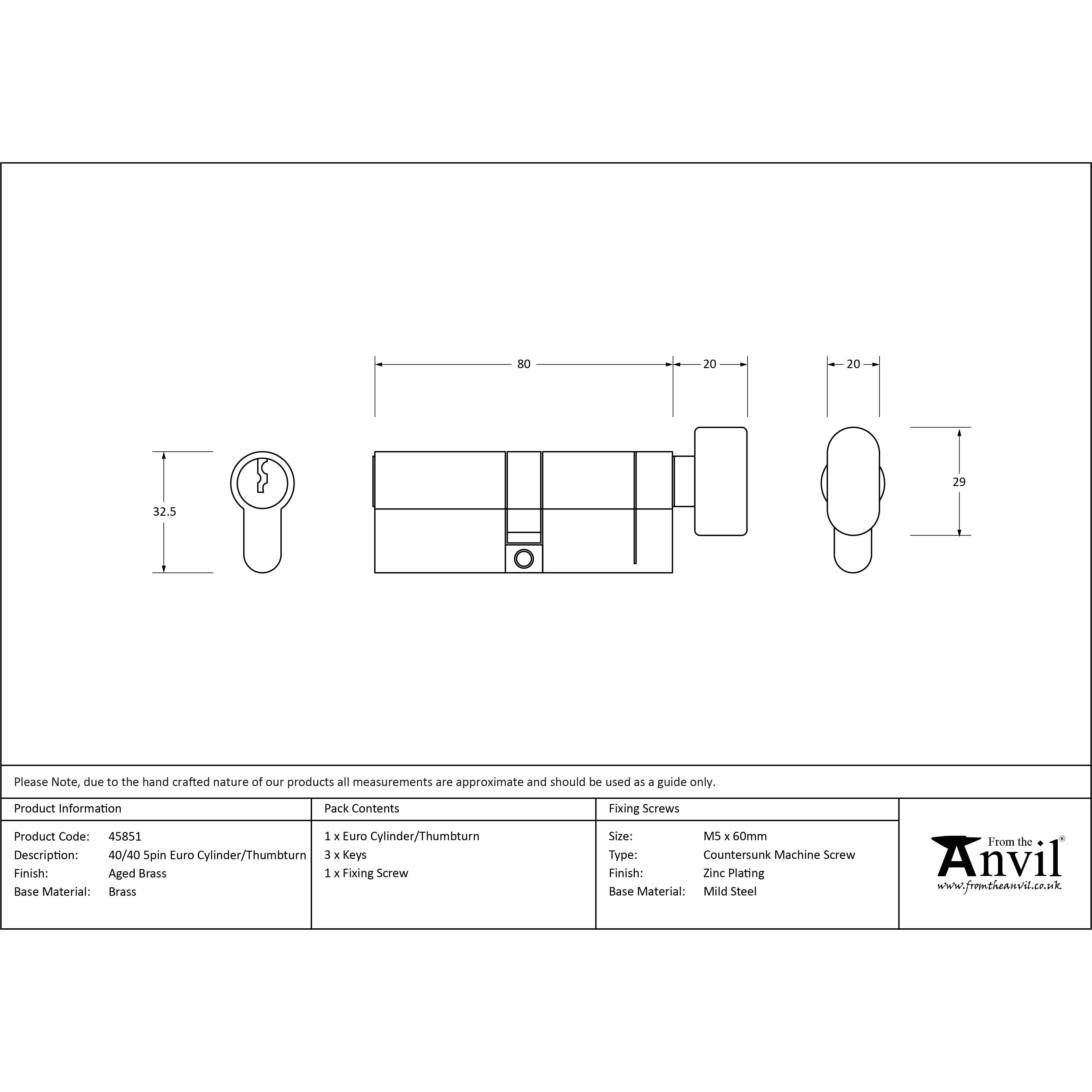 Aged Brass 40/40 5pin Euro Cylinder/Thumbturn | From The Anvil - Euro Cylinders - From The Anvil - Yester Home