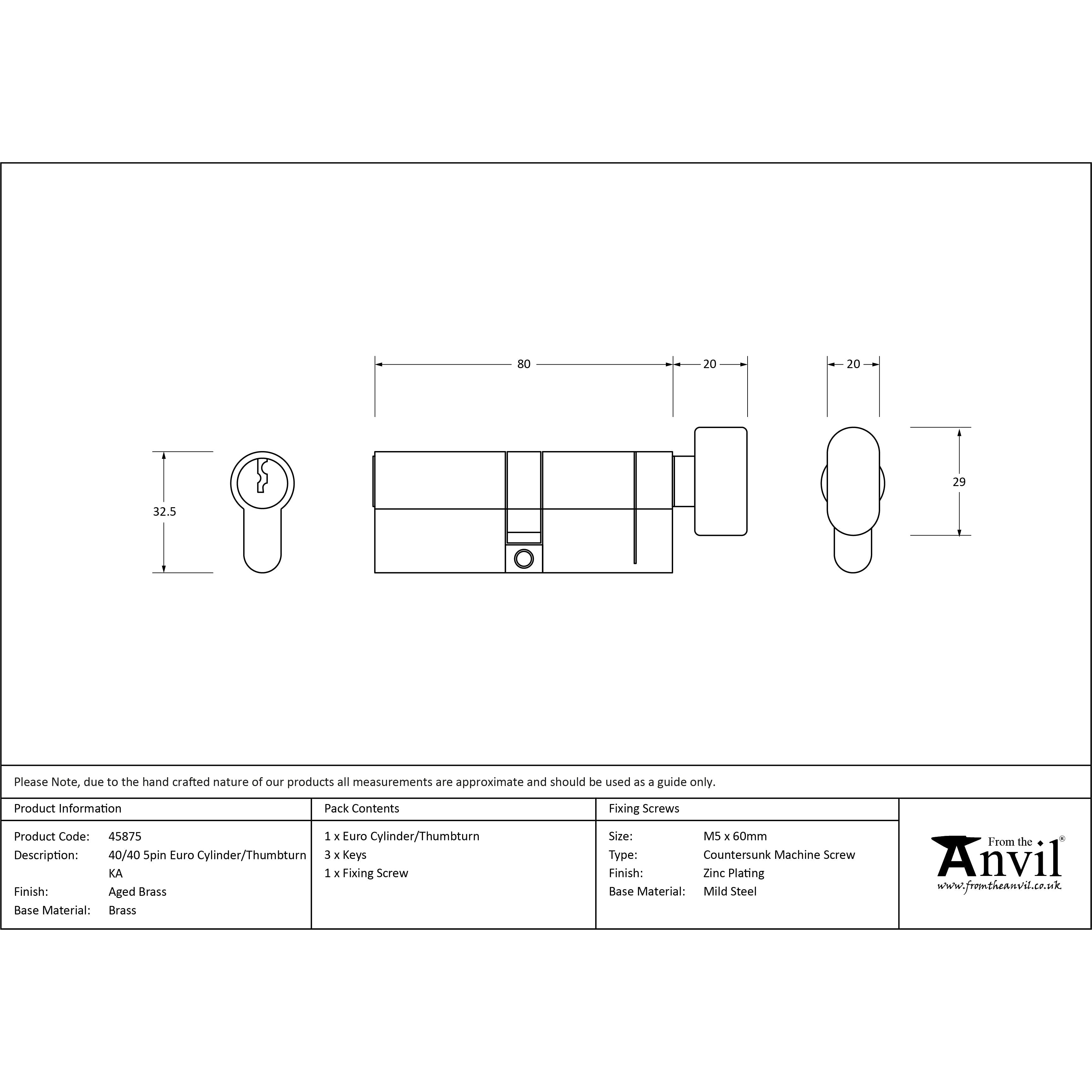 Aged Brass 40/40 5pin Euro Cylinder/Thumbturn KA | From The Anvil-Euro Cylinders-Yester Home