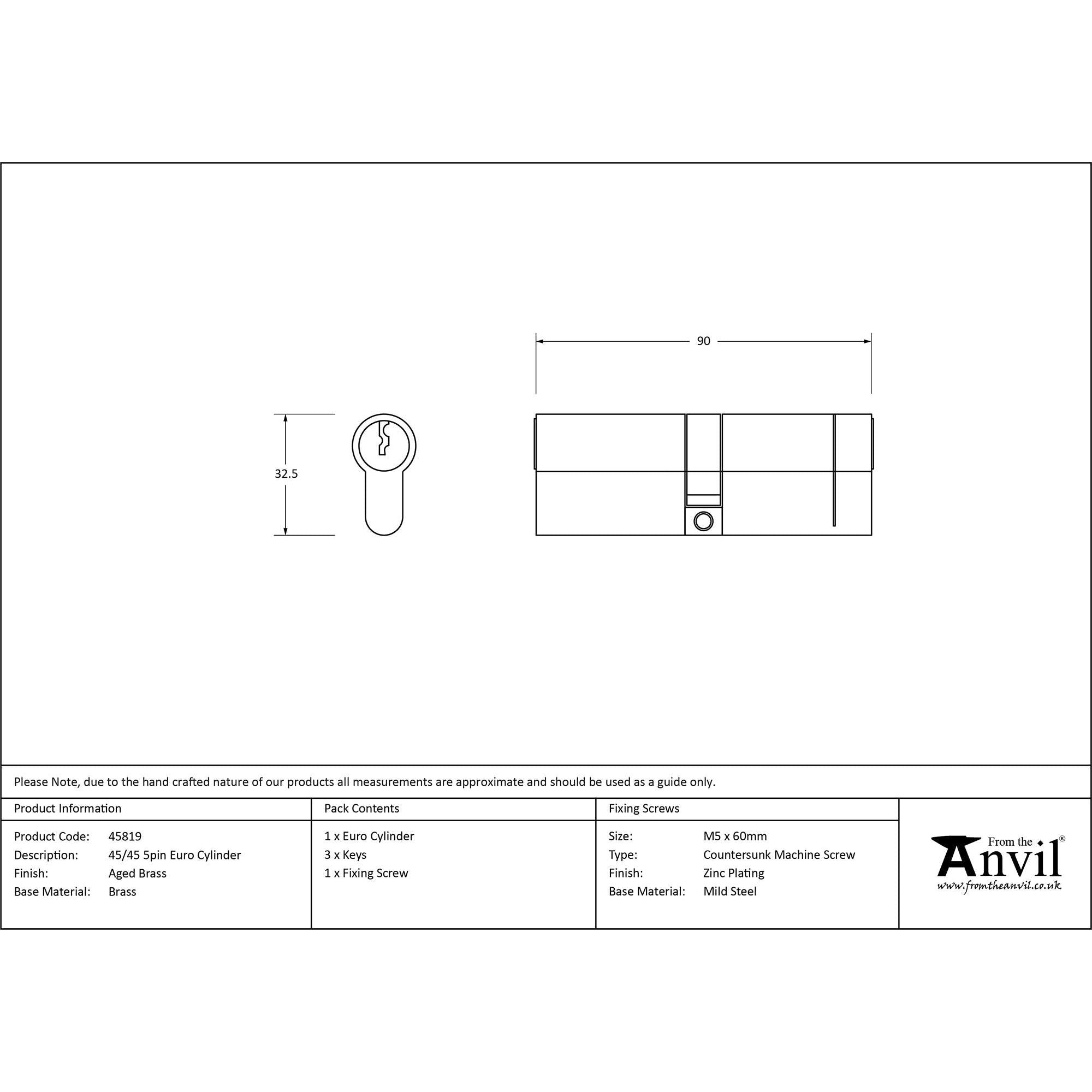 Aged Brass 45/45 5pin Euro Cylinder | From The Anvil - Euro Cylinders - From The Anvil - Yester Home