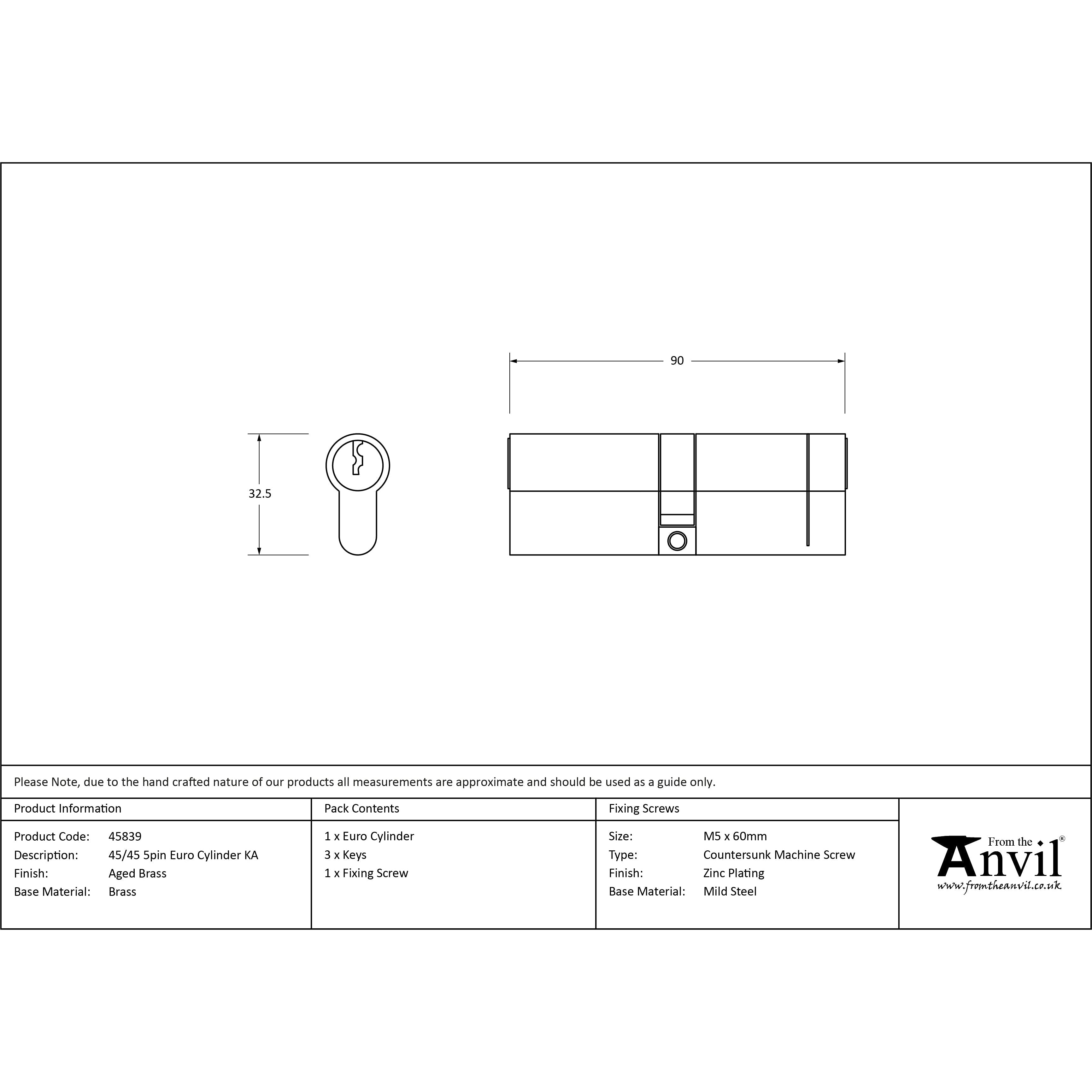 Aged Brass 45/45 5pin Euro Cylinder KA | From The Anvil-Euro Cylinders-Yester Home