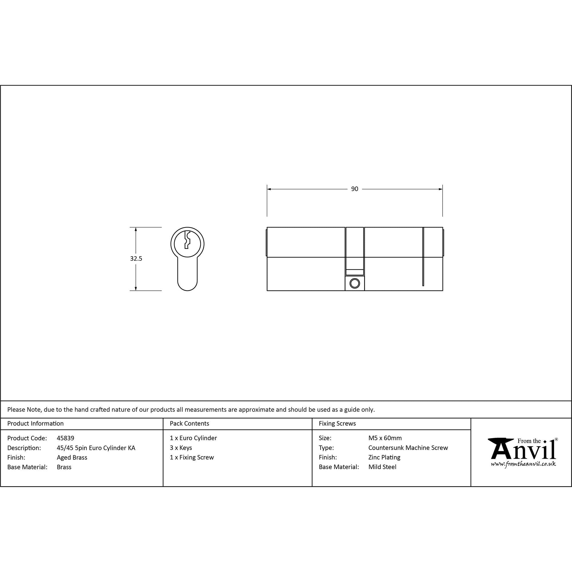 Aged Brass 45/45 5pin Euro Cylinder KA | From The Anvil - Euro Cylinders - From The Anvil - Yester Home