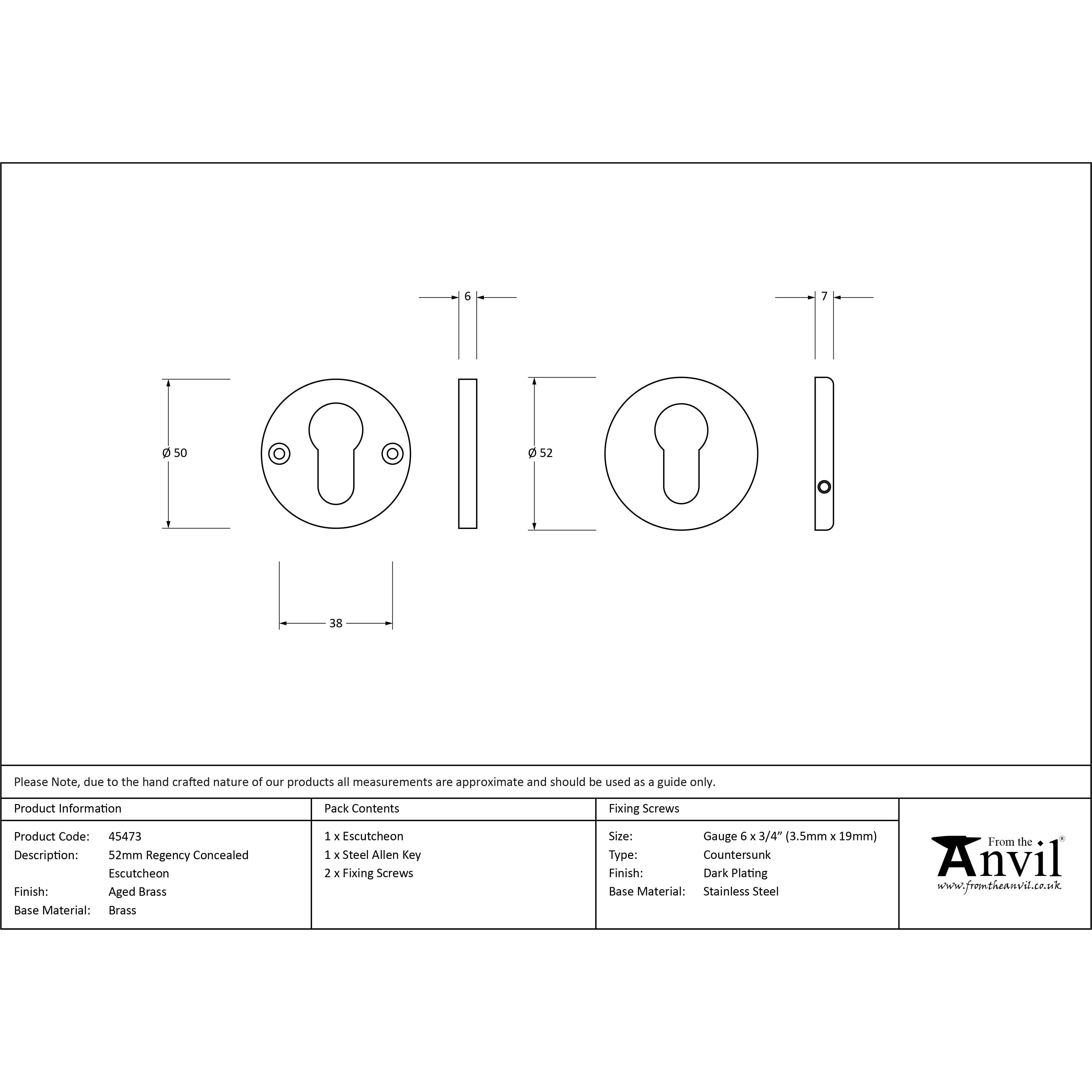 Aged Brass 52mm Regency Concealed Escutcheon | From The Anvil-Euro Escutcheons-Yester Home