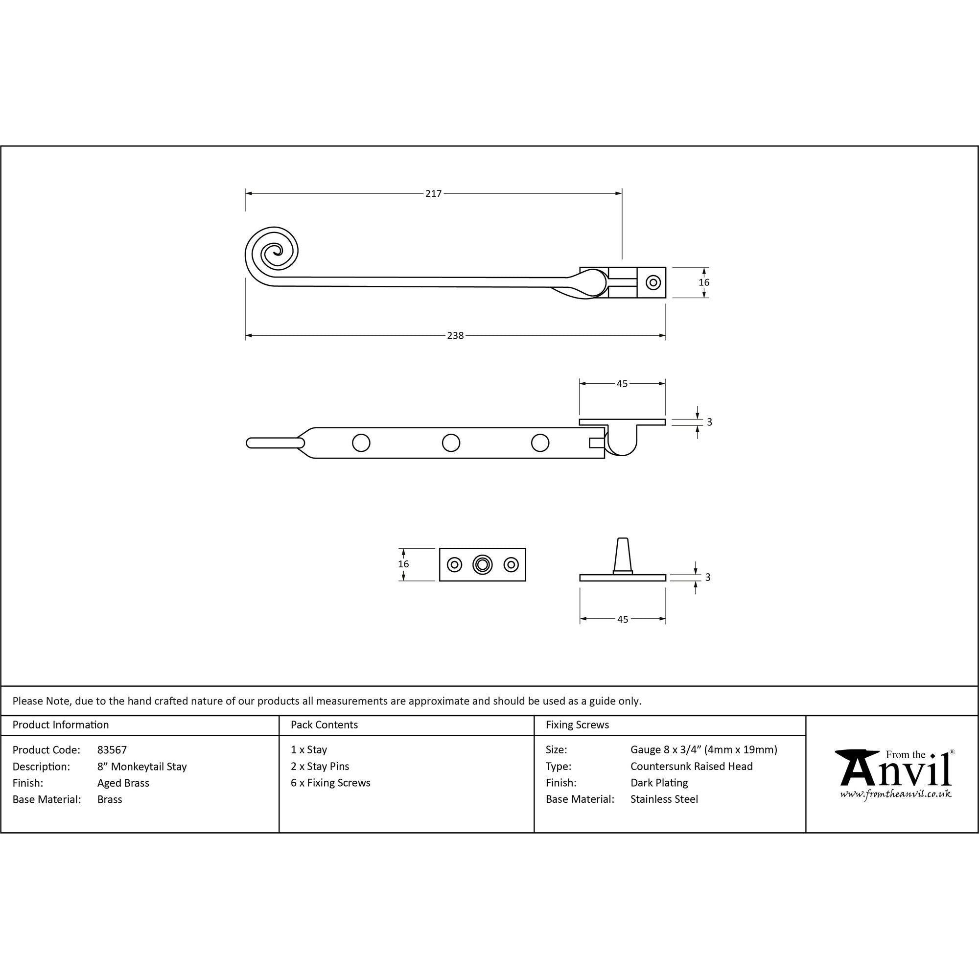 Aged Brass 8" Monkeytail Stay | From The Anvil - Stays - From The Anvil - Yester Home
