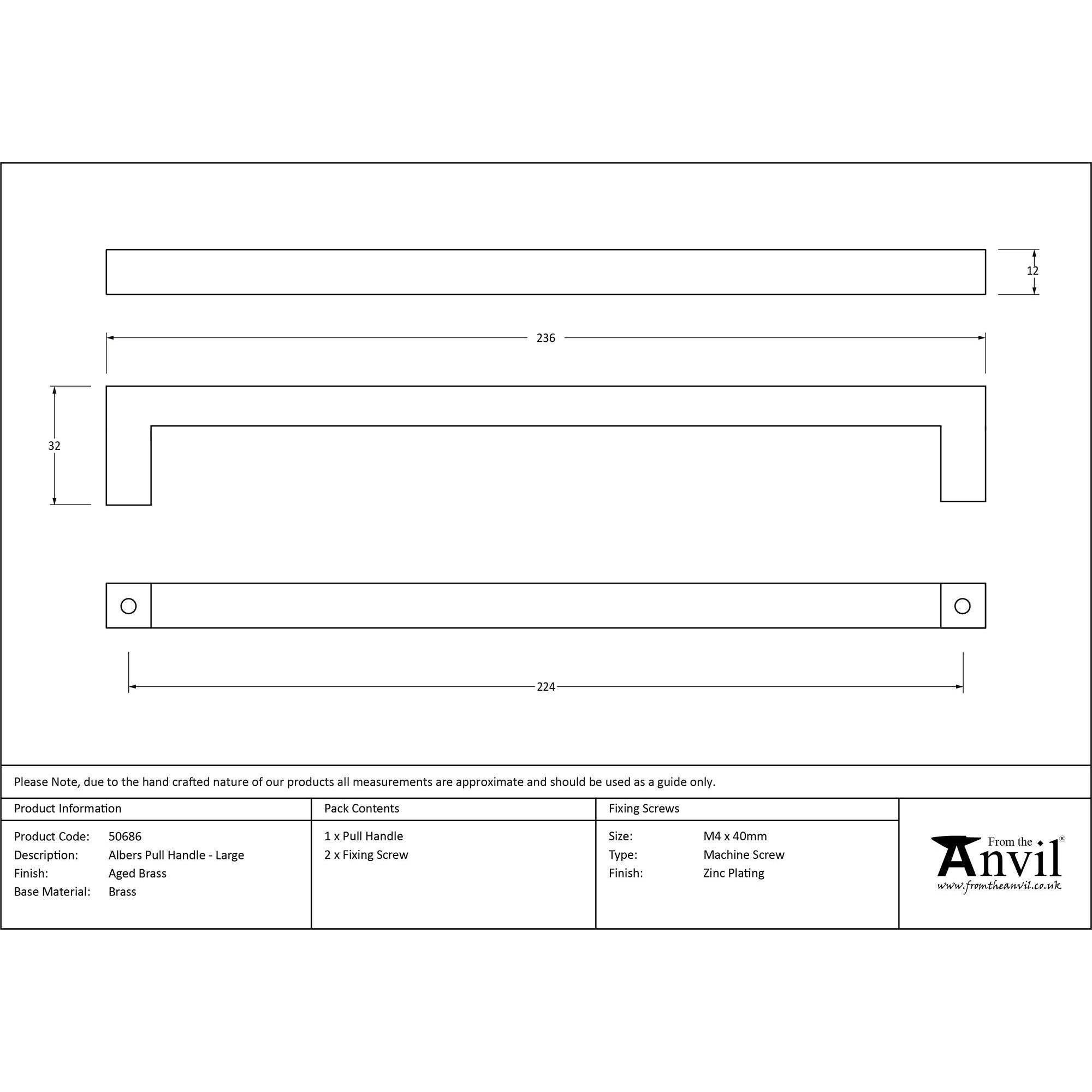 Aged Brass Albers Pull Handle - Large | From The Anvil - Pull Handles - From The Anvil - Yester Home