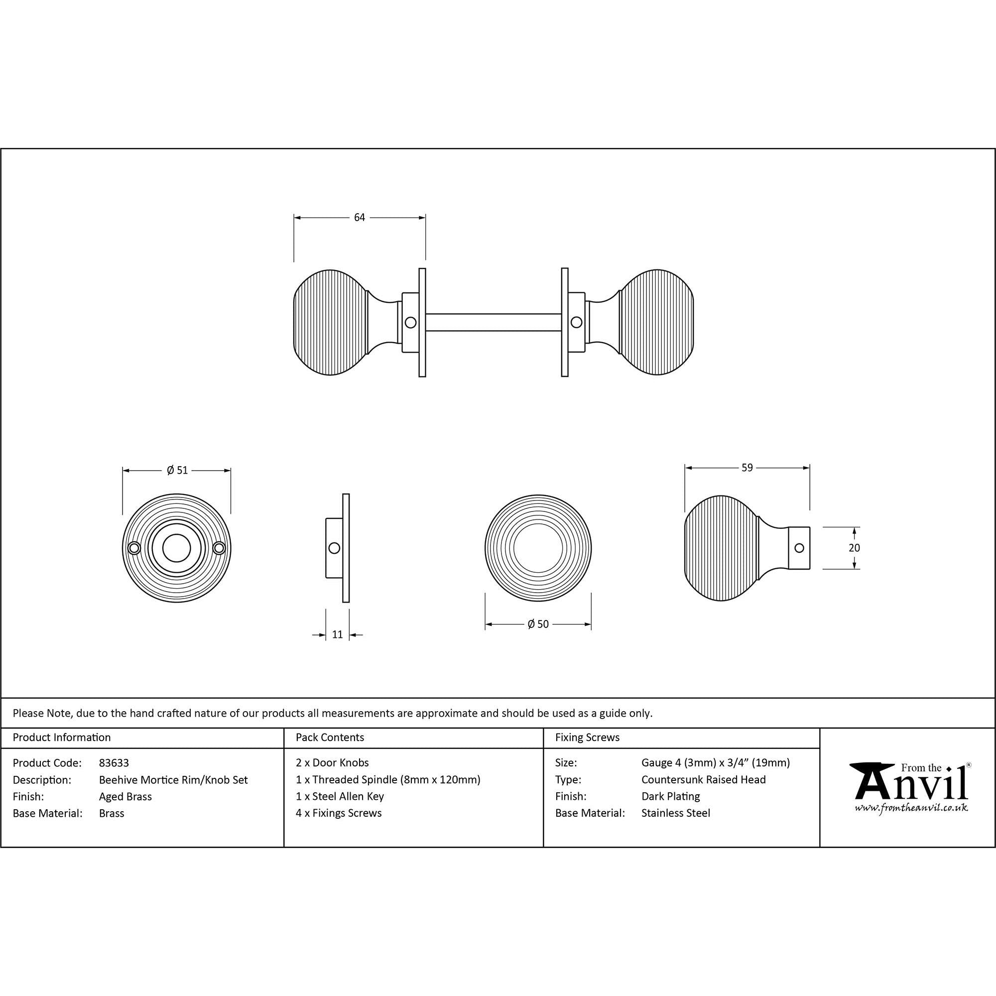 Aged Brass Beehive Mortice/Rim Knob Set | From The Anvil - Mortice Knobs - From The Anvil - Yester Home