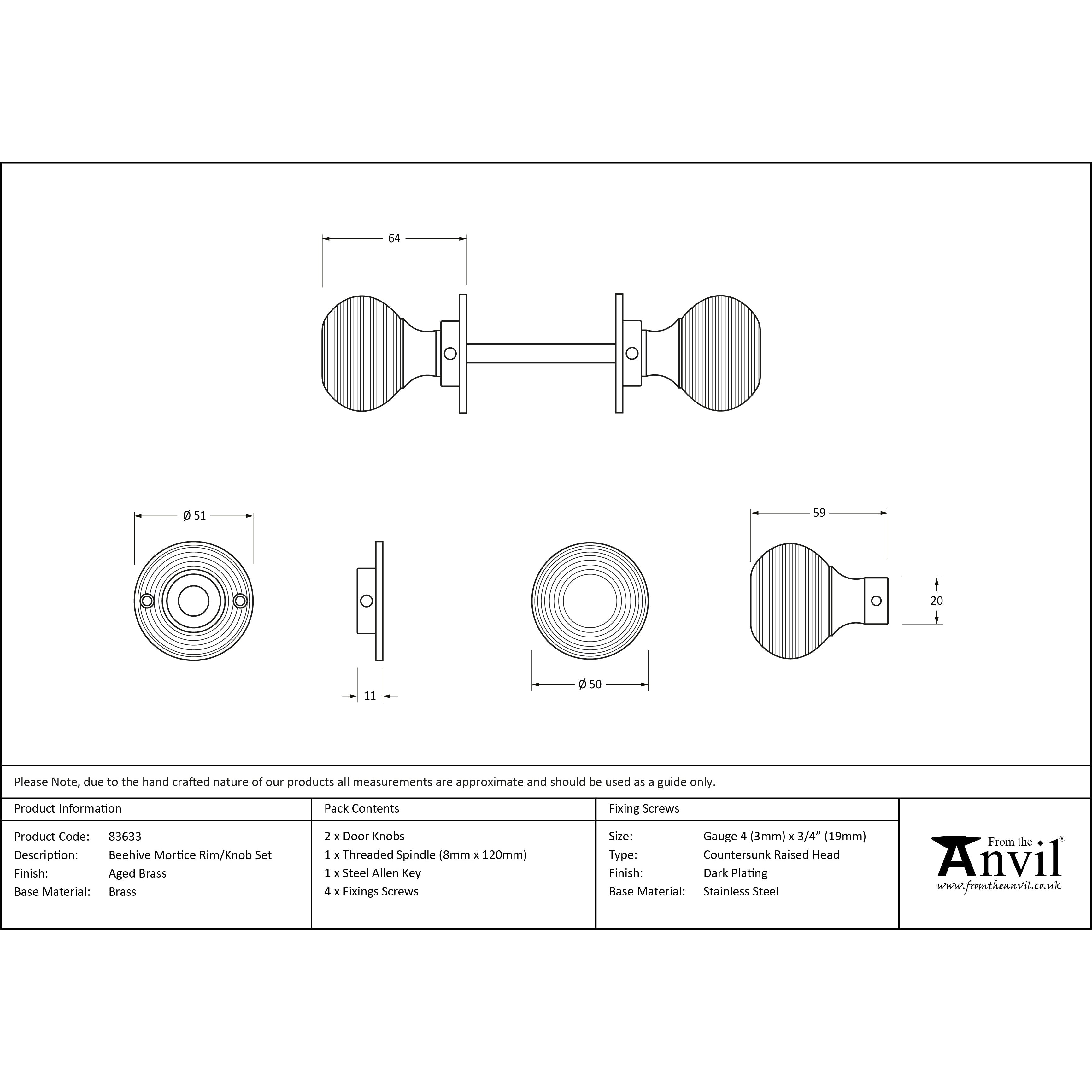 Aged Brass Beehive Mortice/Rim Knob Set | From The Anvil-Mortice Knobs-Yester Home