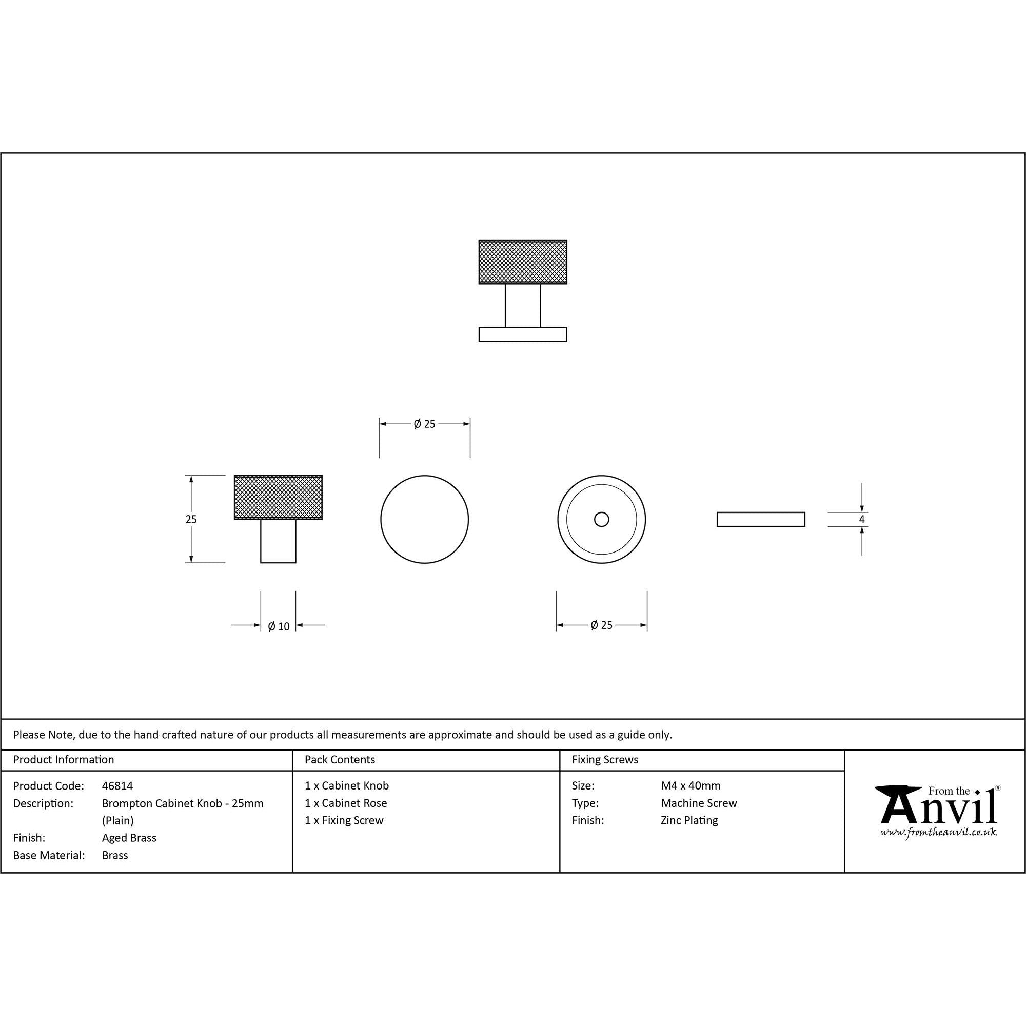 Aged Brass Brompton Cabinet Knob - 25mm (Plain) | From The Anvil - Cabinet Knobs - From The Anvil - Yester Home