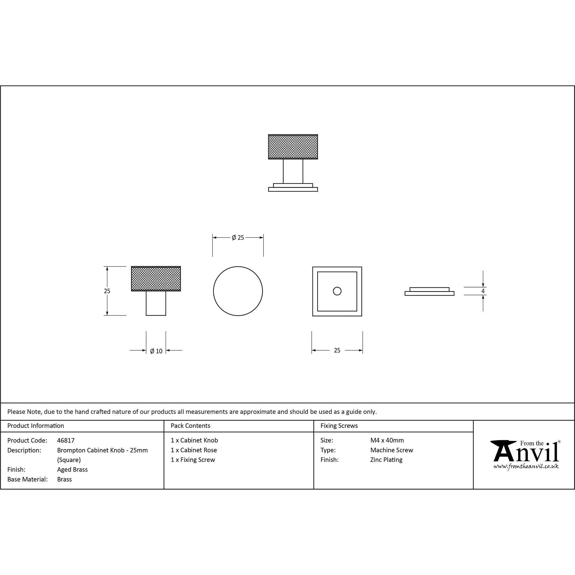 Aged Brass Brompton Cabinet Knob - 25mm (Square) | From The Anvil - Cabinet Knobs - From The Anvil - Yester Home
