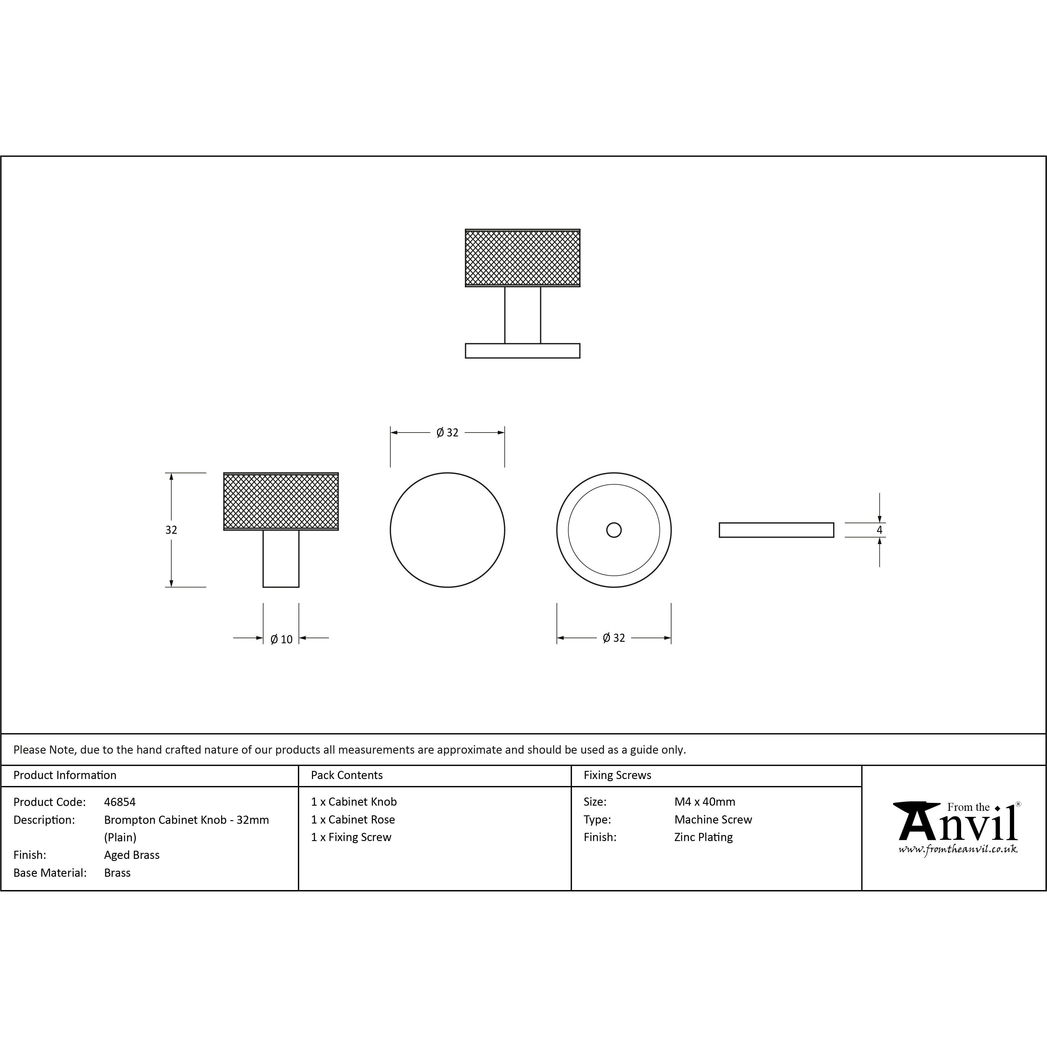 Aged Brass Brompton Cabinet Knob - 32mm (Plain) | From The Anvil-Cabinet Knobs-Yester Home