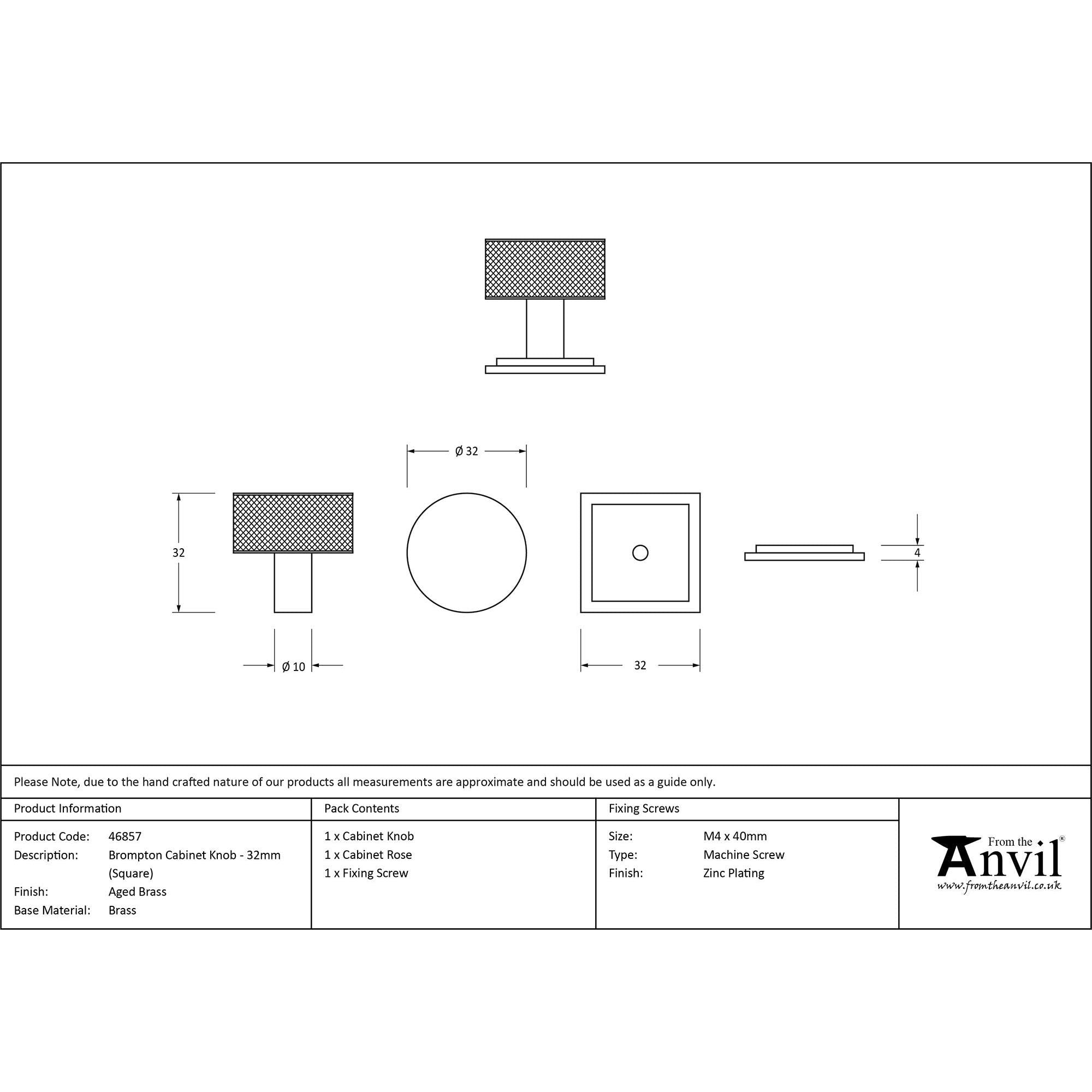 Aged Brass Brompton Cabinet Knob - 32mm (Square) | From The Anvil - Cabinet Knobs - From The Anvil - Yester Home