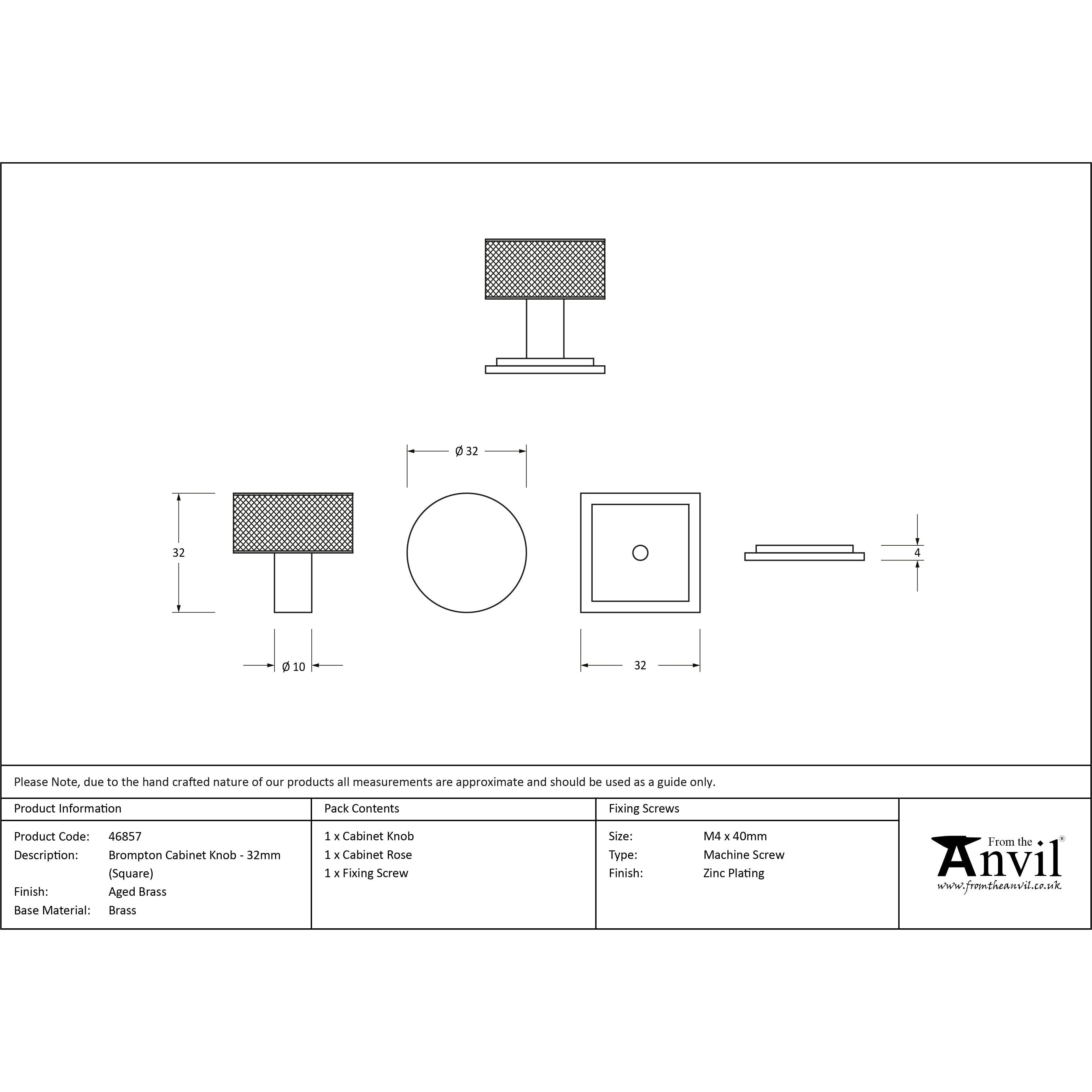 Aged Brass Brompton Cabinet Knob - 32mm (Square) | From The Anvil-Cabinet Knobs-Yester Home
